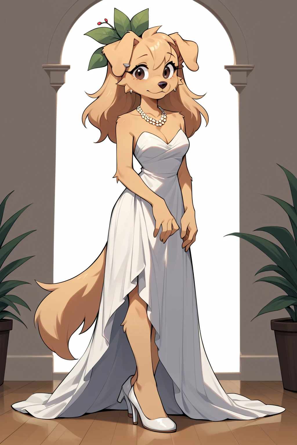 digital_media_(artwork), hi_res, score_9, score_8_up, score_7_up, score_6_up, score_5_up, score_4_up,  <lora:berri-cherry beries:0.8>, CherriBerri,golden retriever,female,anthro,dog girl,canine,cheek tuft,floppy ears,paws,tan body,tan fur,plant on head,black eyes,brown eyes,bangs, Formal: Floor-length gown, statement necklace, and strappy heels.