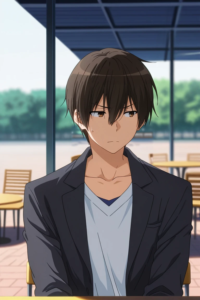 masterpiece, best quality, amazing quality, very aesthetic, high resolution, ultra-detailed, absurdres, newest, scenery, volumetric lighting, depth of field, 1boy, solo, male focus,<lora:seiya:0.98>, seiya kanie, dark brown hair, brown eyes, short hair,shirt, long sleeves, hair between eyes, closed mouth, jacket, collarbone, white shirt, upper body, outdoors, open clothes, blurry, sweatdrop, open jacket, black jacket, looking to the side, blurry background, chair, table, casual