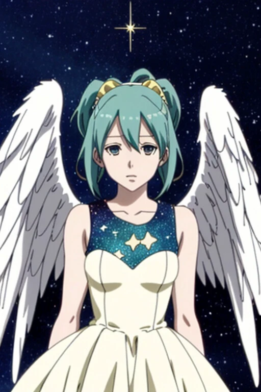 (anime coloring, anime screencap, ghibli, mappa, anime style), 1girl, hatsune miku, white gown, angel, angel wings, golden halo, dark background, upper body, (closed mouth:1.2), looking at viewer, arms behind back, blue theme, stars, starry night