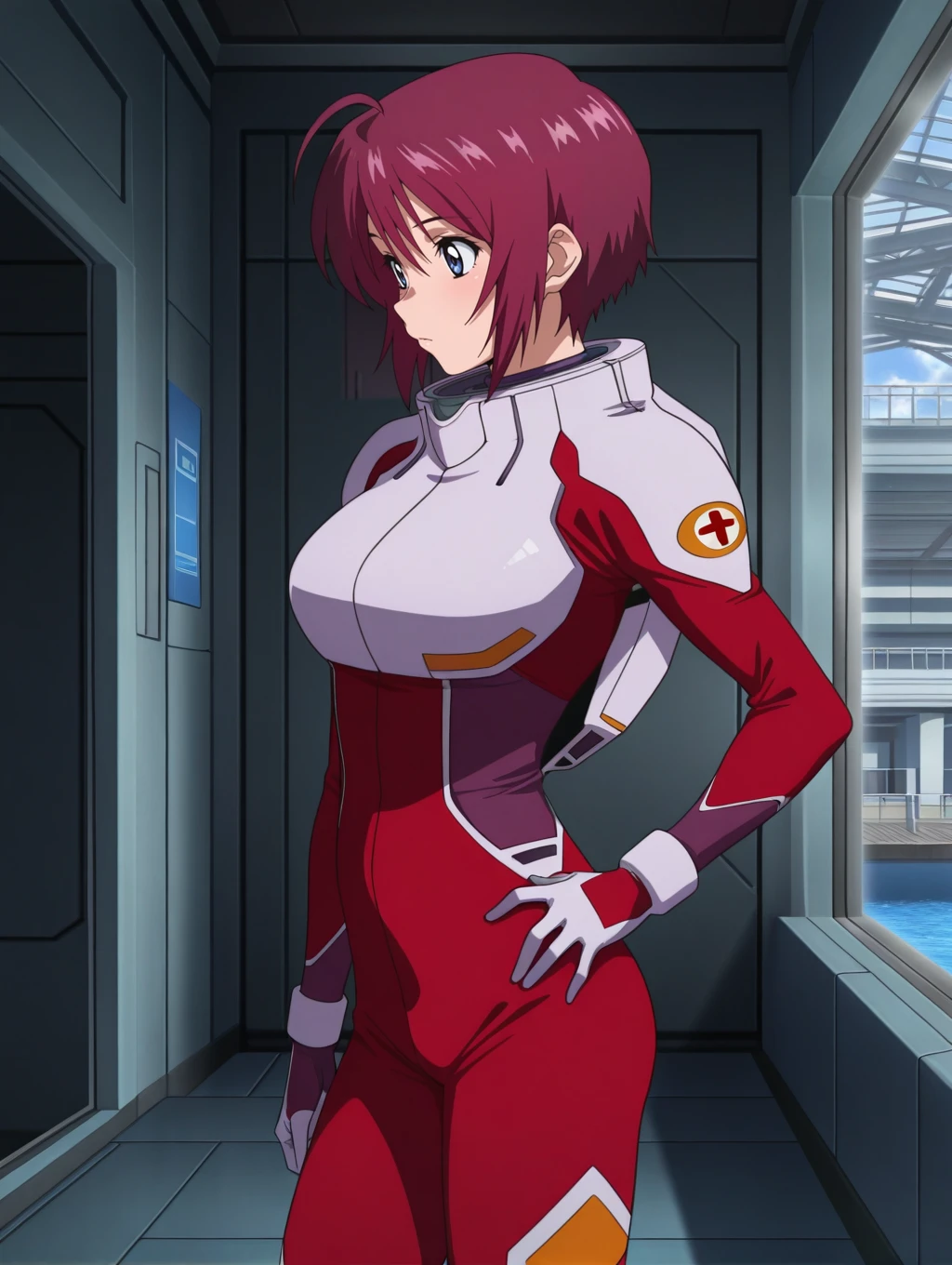 masterpiece,best quality,amazing quality,source_anime,anime coloring,<lora:Lunamaria_Hawke_SEED_Destiny_Illustrious:0.8>,lunamaria,1girl,solo,blue eyes,red hair,short hair,ahoge,pilot suit,gloves,standing,hand on hips,indoors,dock,from_side,