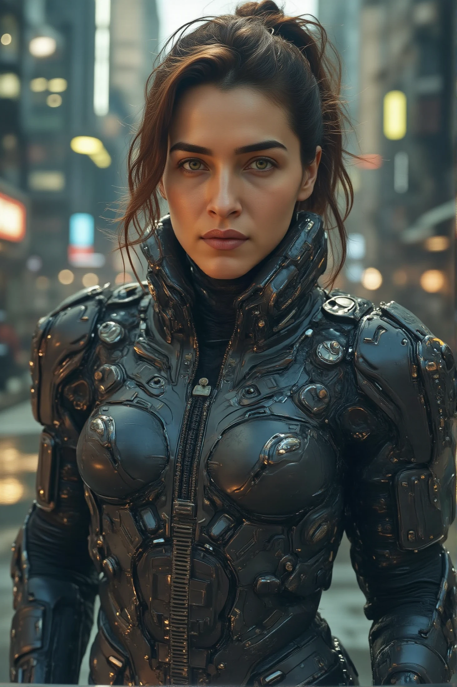 high quality,8k,cinematic portrait of a female cyberpunk warrior, intricate futuristic armor, glowing neon cybernetic implants, dramatic lighting, moody sci-fi atmosphere, anime style, intricate details, dynamic pose, intense expression, penetrating gaze, realistic skin textures, hyper detailed