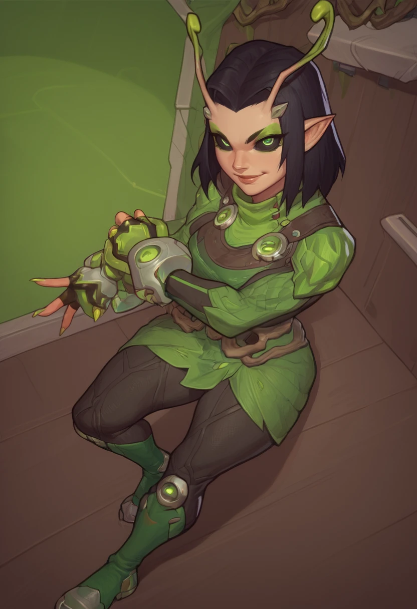 score_9, score_8_up, score_7_up, score_6_up, expressiveh,  mantis_rivals, green details, 1girl, solo, black and green clothes, antennae, medium hair, black hair, bodysuit, hand equipment, fingerless gloves, pointy ears, vines, nail polish, green nail polish, green sleeves, green cowl, black pants, boots, green footwear, makeup, black eyes, smile, looking at viewer, spaceship, spaceship interior, detailed background, dynamic pose, dynamic angle, black sclera <lora:AsuraLycoXL:1> <lora:Mantis_Marvel_Rivals_-_PonyXL:0.7>