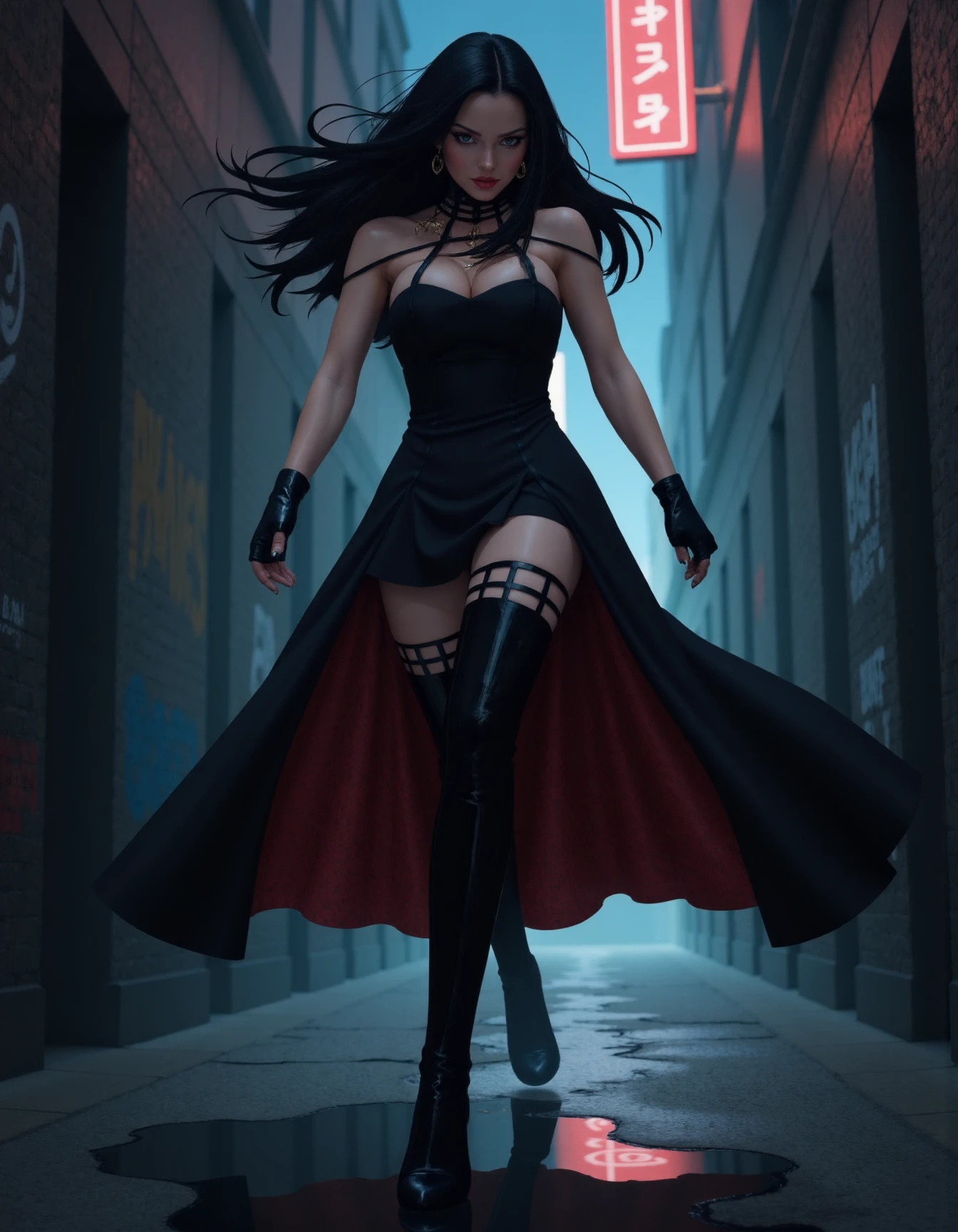 A dynamic digital illustration of a determined woman giving chase in a shadowy urban alley at night. She is dressed in a sleek black th0rnPr1ncess0utfit outfit that flows behind her as she runs, her hair wild and illuminated by dim streetlights. The alley is narrow and lined with graffiti-covered walls, with puddles reflecting the glow of neon signs in the distance. Her expression is intense, her body mid-stride, emphasizing motion and urgency. The scene is filled with dramatic contrasts of light and shadow, adding depth and mystery.
<lora:thornPrincessOutfitFlux:1>