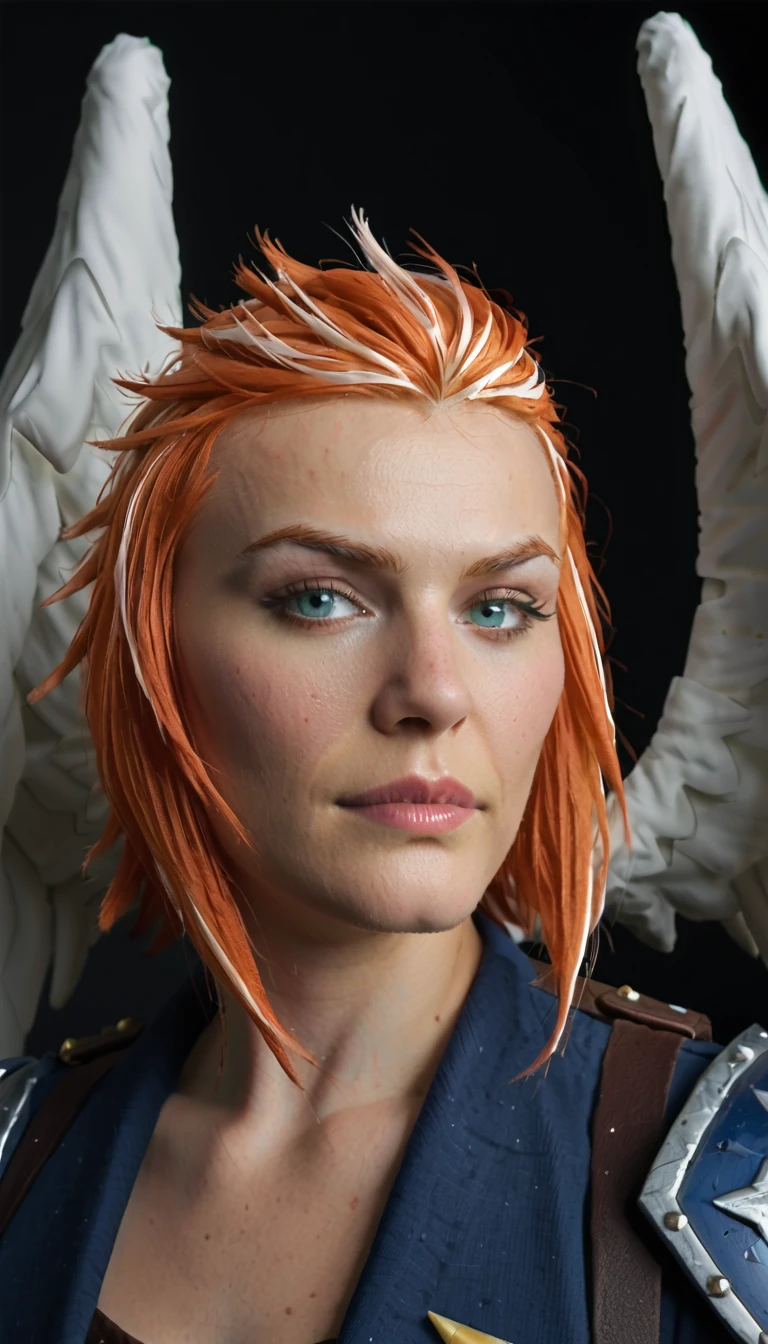 (((close up:2))), PHOTO, Commander Zilyana, Multi colored hair orange and white, armored, angelic white wings, smiling, photo studio, photo shoot, posing, face, detailed face