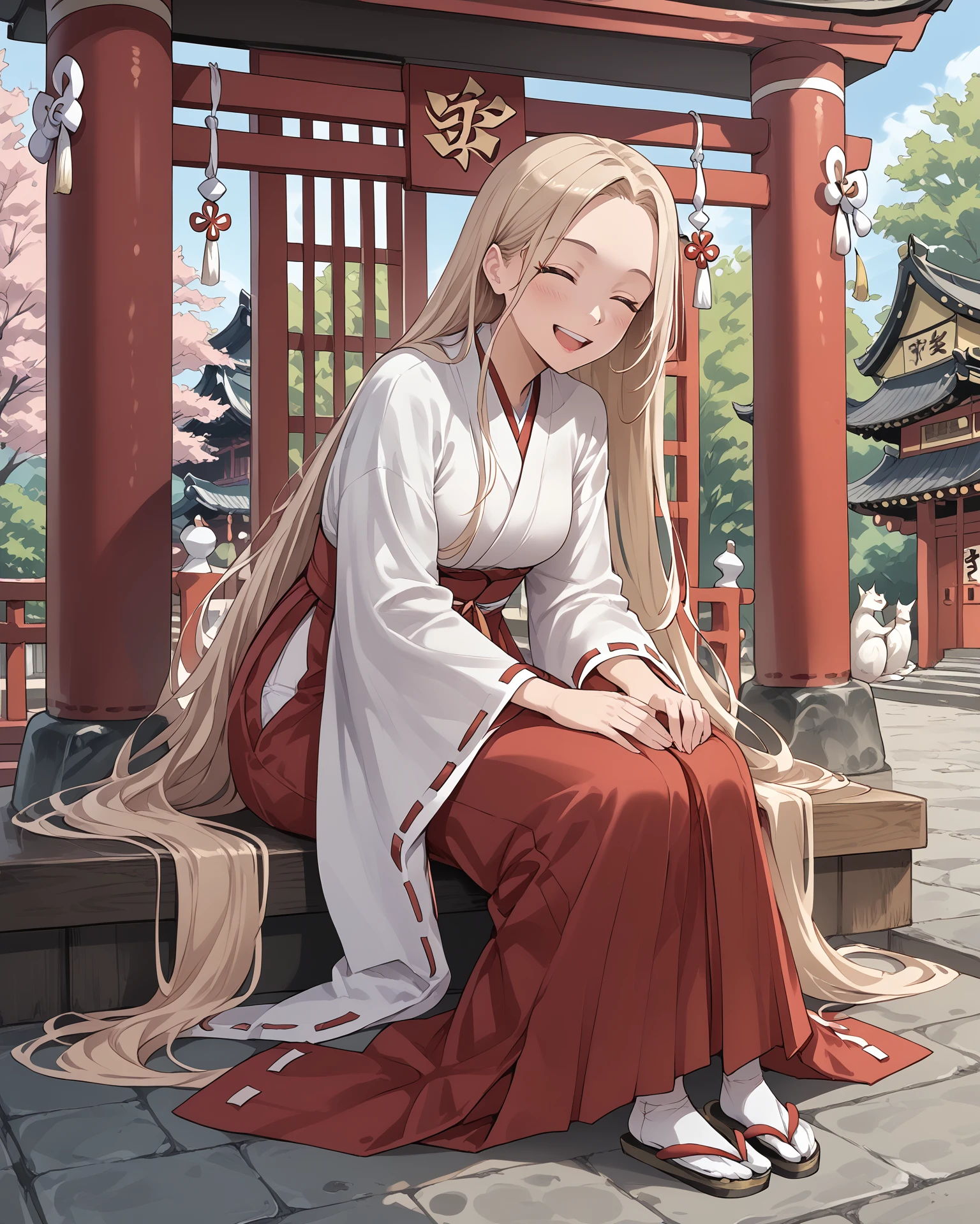 1girl, mikofa, full body, happy, very long hair, sitting, leaning forward, japanese shrine, extremely detailed clothing, extremely detailed, digital art, masterpiece, absurdres, highest quality, score_9, score_8_up, score_7_up,   <lora:MikoNextGen_XL:1>,  <lora:CMRNM:1>, CMRNM