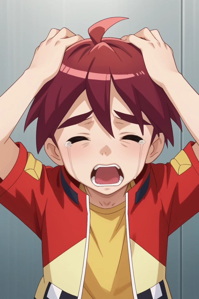 score_9, score_8_up, score_7_up, score_6_up, score_5_up,score_4_up,source_anime
 jason, red hair, brown eyes, red jacket, yellow shirt, 1boy, male focus, hands on own head, solo, crying, open mouth, closed eyes, tears, parody, ahoge, screaming