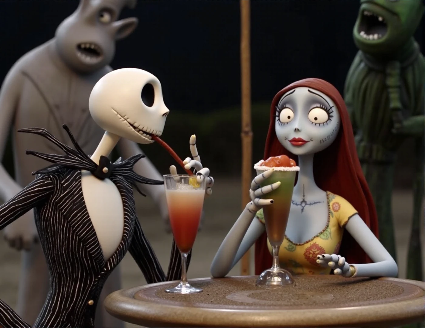 Stop motion film showing Jack Skellington and Sally puppets at the beach drinking coctails in style of Tim Burton. Nightmare before Christmas movie. Some monsters at background.