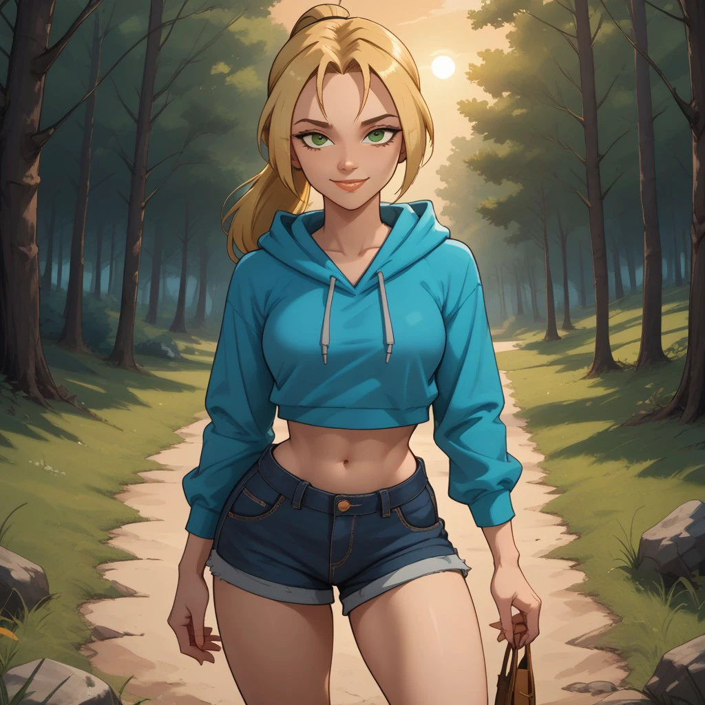 score_9, score_8, BREAK, solo, blonde hair, ponytail, olive green eyes, lips, cyan hoodie, midriff, navel, denim shorts, flip flops, breasts, total drama, Bridgette_(Total_Drama), tdi, cute, sexy pose, self portrait, smile, outdoors, sunlight, shadows, evening lighting, natural lighting, forest, trees, grass, orange sky, sunset