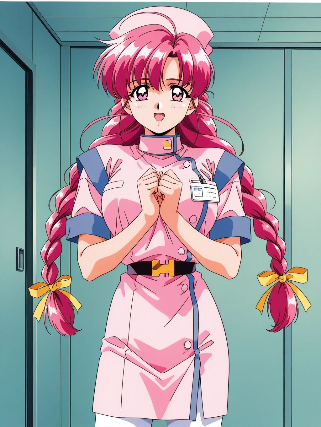 general,highres, ultra-detailed,very aesthetic,best quality ,best hands,  BREAK,  <lora:Makino_Rie_OVA_IS:1>, Makino_Rie_OVA, 1girl,solo, long hair, pink hair, 1990s \(style\),anime coloring, 
twin braids, bangs, hair ribbon, Yellow ribbon, large breasts, ahoge, pink eyes, BREAK, nurse, asymmetrical, nurse cap, left line, belt,  name tag, button,
free pause,
open mouth, looking at viewer, indoors, pantyhose, smile, short sleeves, ribbon, cowboy shot,