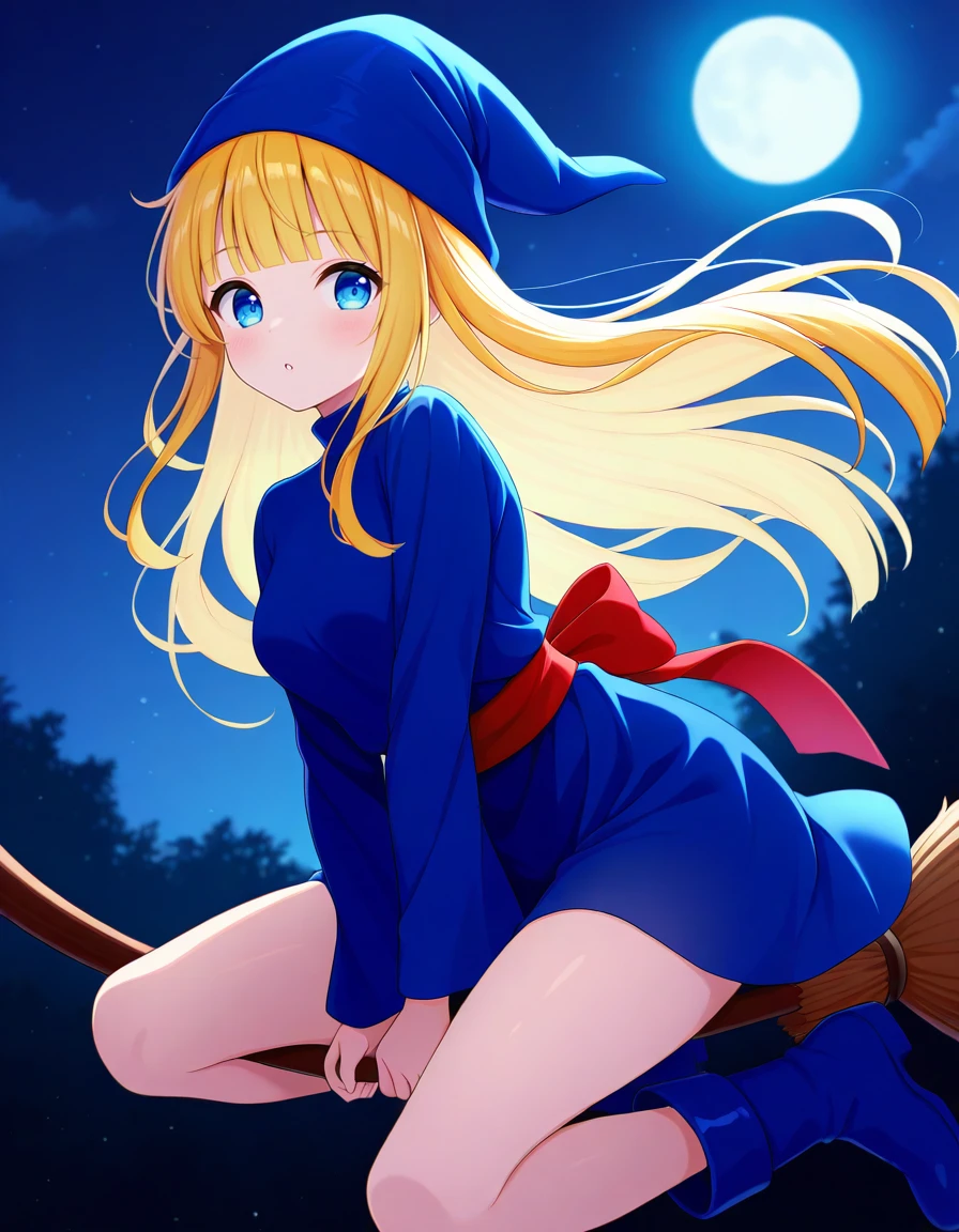 <lora:witchP123_SDXL_Illustrious01_fp16_ver01:1>,witchP123,long hair,blonde hair,blunt bangs,blue eyes,blue dress, blue boots,blue hat, red sash,long sleeves,broom riding, night sky, moon, floating, floating hair,, masterpiece, best quality, very aesthetic, absurdres,<lora:detailed_hands:1>,hand