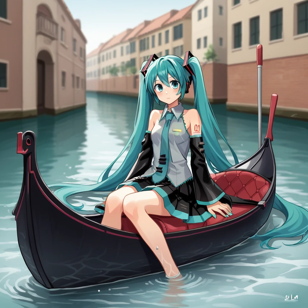 score_9, score_8_up, score_7_up, score_6_up, score_5_up, score_4_up, zPDXL2,source_anime,rating_questionable, 1girl, solo, sitting, looking at viewer, <lora:Gondola:0.7> g0nd0l4, outdoors, water, boat, sitting, venice canal, Hatsune Miku