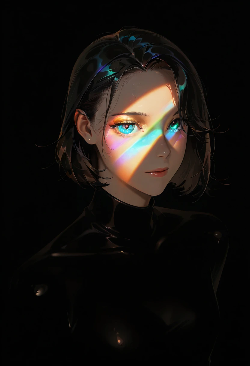 prism light, solo, 1girl, looking at viewer,black background, shadows