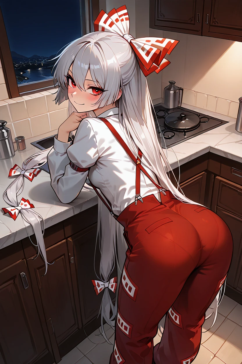 masterpiece, best quality, 1girl, solo, 21 year old model, eyelashes, (beautiful eyes),     ,,, <lora:FujiwaraNoMokouTouhouIXL:1.0>, zzMokou, red eyes, hair between eyes, grey hair, hair bow, hair ribbon, long hair, very long hair, white hair bow, suspenders, white shirt, shirt, long sleeves, pants, white bow, red pants, collared shirt,,,,1girl, solo, blush, looking at viewer, smile, detailed eyes, from behind, ass, panties, night, 1girl, bent over, indoors, kitchen, <lora:CyberPerfectionIXL:1.0>,