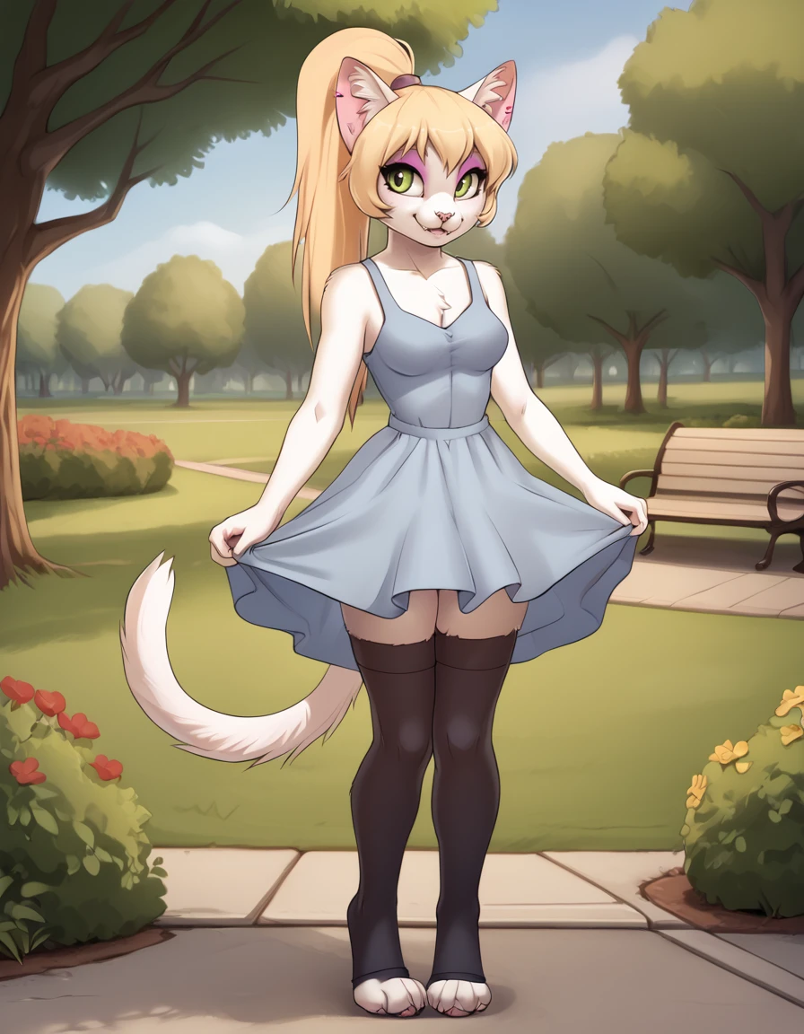 outdoors, park, 
full body,smile,long eyelashes,parted lips,
sundress, thighhighs, 
<lora:Alisa_v01_PDXL:1>,Alisa,1girl,solo,furry female,cat girl,green eyes,eyeshadow,animal ears,long hair,blonde hair,ponytail,cat tail,animal nose,body fur,white fur,snout,fangs,