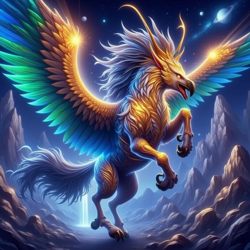 anime artwork hippogriff, horse and eagle, a masterpiece of a hippogriff in a stunning, ethereal fantasy ambience. The scene is beautiful and magical, vibrant colors. Incorporate dynamic shadows and dramatic lighting, with soft shadows enhancing the depth of the scene. Set the mood during a storm,  cold colors, capturing the cinematic essence of the creature as it prances gracefully in a mystical mountain with a waterfall. Its powerful strong wings shimmer in glorious hues gold majestic colors, catching the soft, magical light that illuminates this enchanting creature. Thehippogriff feathers gleam like metallic liquid, and it has a majestic feathery crown on top of the head, reflecting the vibrant colors. Use volumetric lighting to create an ethereal atmosphere, with a starry sky and beautiful planets. The scene should be filled with magic and myth, with intricate details that draw the viewer into this fantastical realm." highly detailed <lora:hippogriifns:1>grfx, hprfx . anime style, key visual, vibrant, studio anime,  highly detailed