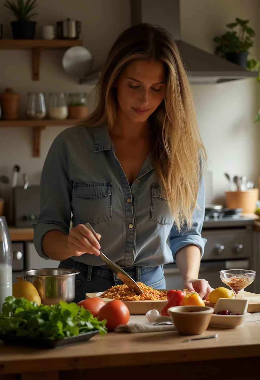 A realistic photograph of M4ND1CH, a woman with long hair, cooking in the kitchen