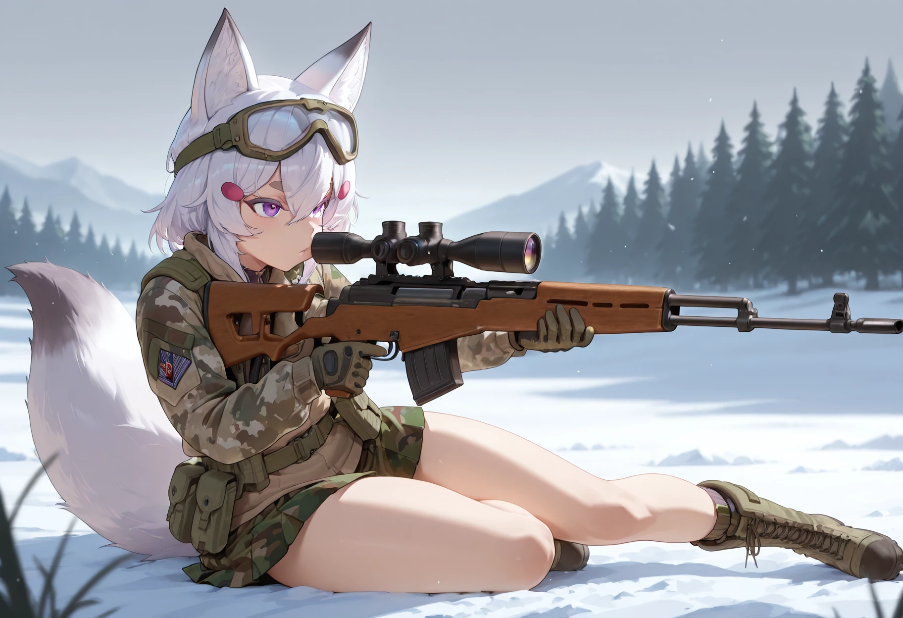 masterpiece, best quality, amazing quality,  
 <lora:tenma2:1> tenma, skirt, shirt, hair ornament, hair between eyes, tail, hairclip, fox tail, thick eyebrows, purple eyes, 
1girl, boots, camouflage, dragunov svd, finger on trigger, goggles, gun, military operator, rifle, scope, sniper rifle, solo, thumbhole stock, weapon, very detailed background