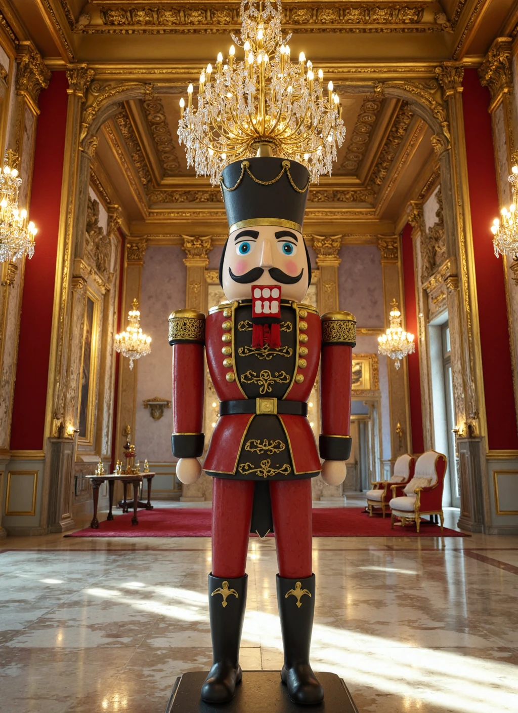 {    "T5": "A hyperrealistic, extremely detailed nutcracker soldier standing in the middle of a lavish, ornate ballroom with high ceilings and crystal chandeliers, the walls adorned with gold leaf and red velvet, under soft, warm, golden lighting, with a slight Dutch angle, viewed from a low, worm's eye perspective, the nutcracker's face expressionless, yet dignified, with meticulously rendered textures on its wooden body, intricate details on its uniform, and a subtle sheen to its metallic parts",    "CLIP-L": "nutcracker, ballroom, hyperrealistic, ornate, golden lighting, low angle, detailed textures, wooden, uniform, metallic" }