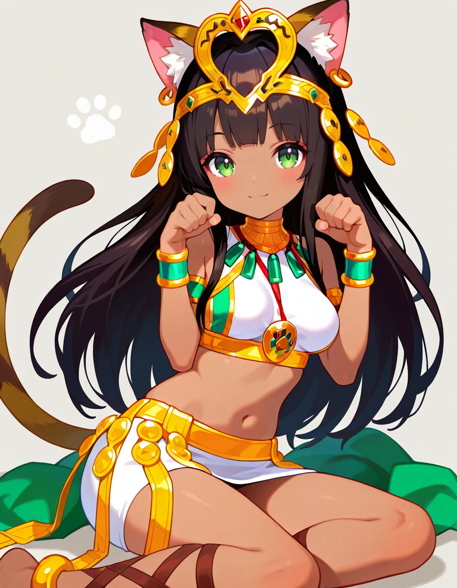 <lora:PADbastet_SDXL_Illustrious_fp16_ver01:1>,PADbastet,cat tail, cat ears,green eyes, dark skin,black hair,long hair,tiara, anklet,earrings, blush, cross-laced footwear, skirt, armlet, medium breasts,1girl,solo,newest,paw pose, smile, masterpiece, best quality, very aesthetic, absurdres,<lora:detailed_hands:1>,hand