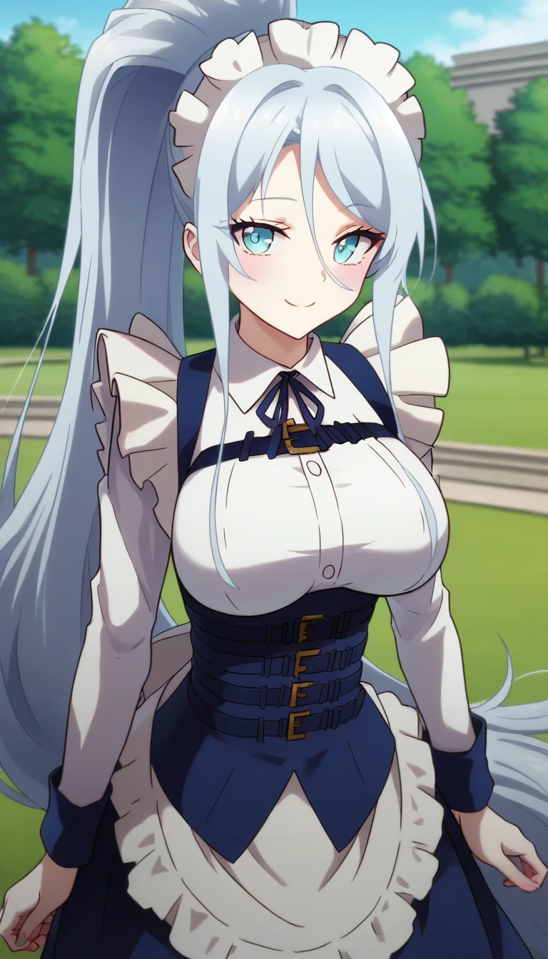 score_9,score_8_up,masterpiece,best quality,correct anatomy,anime_source,1girl,solo,perfect eyes,perfect arms,perfect legs,perfect face,outdoors,upper body,(portrait:1.5),looking at viewer,facing viewer,smile,blush,Sylpha Langlis,maid headdress,very long hair,white hair,high ponytail,sidelocks,hair between eyes,bangs,blue eyes,blue dress,frilled dress,long dress,white shirt,collared shirt,neck ribbon,blue ribbon,long sleeves,blue corset,belt,large breasts,underbust,maid apron,waist apron,frilled apron,white apron,frilled skirt,cross-laced footwear,blue footwear,<lora:Sylpha Langlis(tsdnod)-Pony:1.6>,