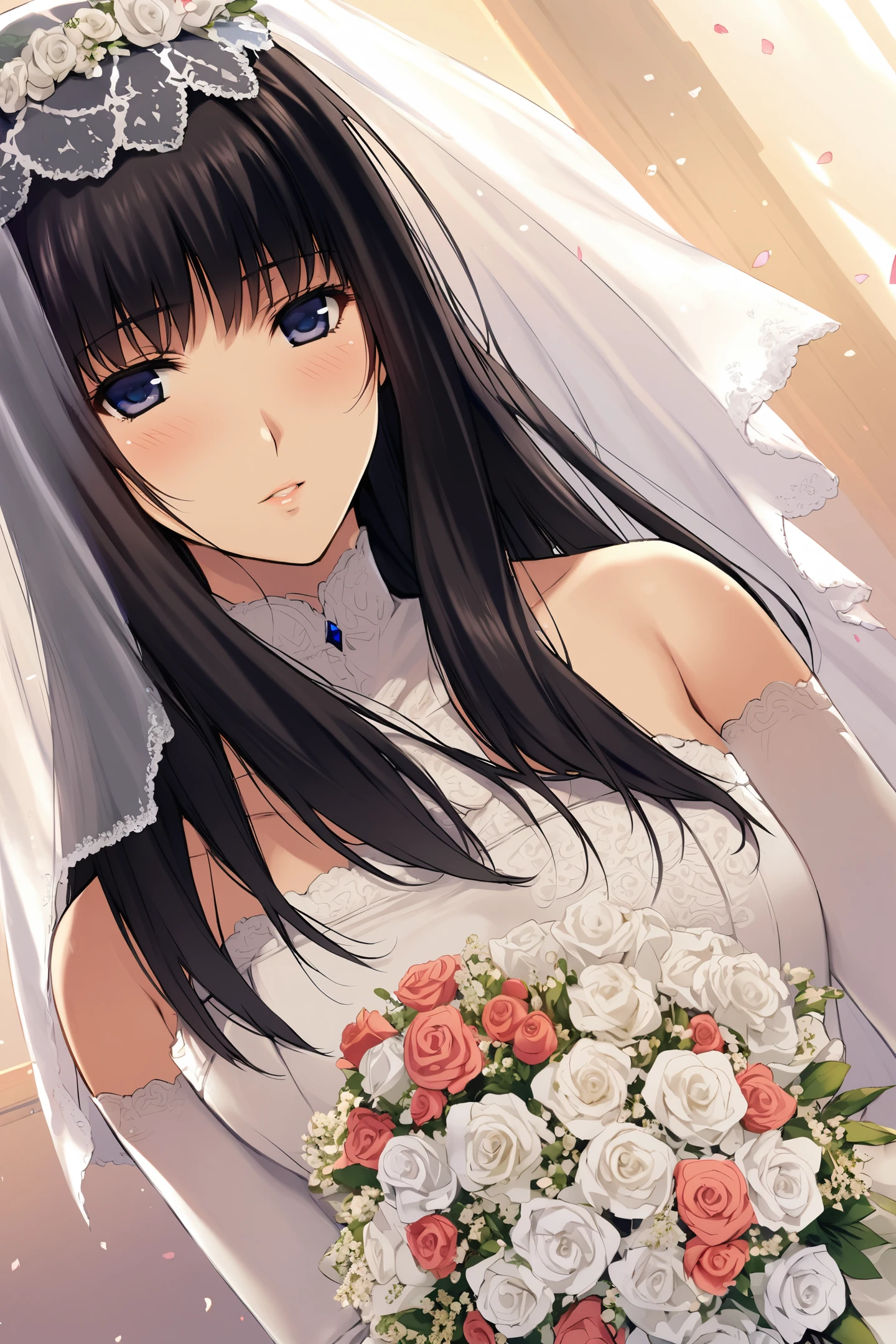 Kuchiki Touko, 1girl, solo, wedding dress, dress, black hair, bouquet, veil, long hair, flower, gloves, bridal veil, elbow gloves, blue eyes, white gloves, bride, white dress, dutch angle, bare shoulders
<lora:Sugina Miki_XL:0.8>,