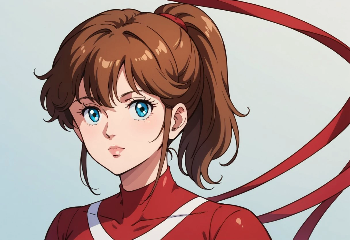 core_9, score_8_up, score_7_up, anime_source, 
 face ,closeup, haki_gym, haki_leotard , red leotard, brown ponytail, red long sleeves, upper body,blue eyes, ribbon ,looking at viewer, masterpiece, best quality, mature woman, solo, retro artstyle,