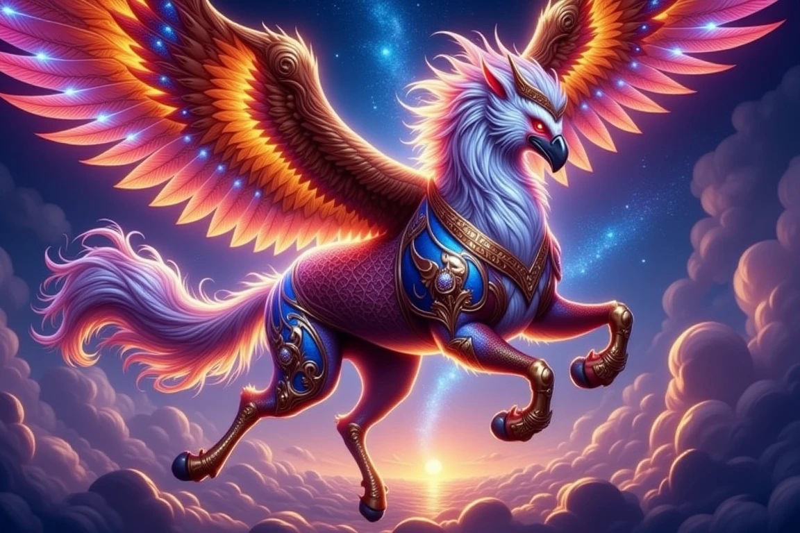 anime artwork <lora:hippogriifns:1> hippogriff, horse and eagle, a masterpiece of a hippogriff in a stunning, impressionist ambience. The scene is beautiful and surreal, with luxurious sharp focus and intense, vibrant colors. Incorporate dynamic shadows and dramatic lighting, with soft shadows enhancing the depth of the scene. Set the mood at dusk, red, pink and orange colors, capturing the cinematic essence of the creature as it perches gracefully in a mystical open sky. Its iridescent wings shimmer in glorious hues of golden and silvery majestic colors, catching the soft, magical light that illuminates this enchanting creature. Thehippogriff feathers gleam like precious gems, and it has a majestic feathery crown on top of the head, reflecting the vibrant colors. Use volumetric lighting to create an ethereal atmosphere, with endless skies. The scene should be filled with magic and myth, with intricate details that draw the viewer into this fantastical realm." . anime style, key visual, vibrant, studio anime,  highly detailed