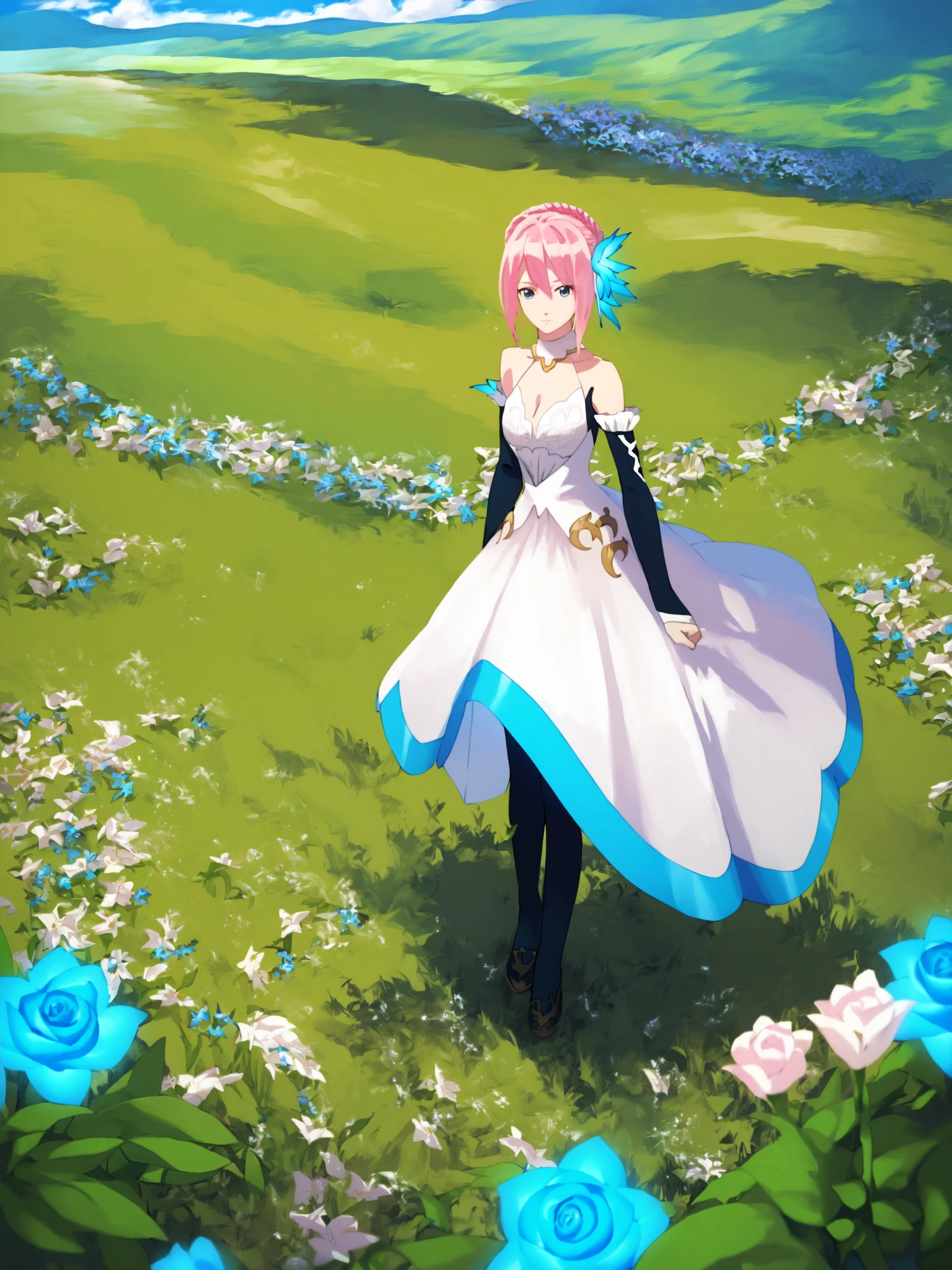 score_9, Score_8_up, Score_7_up, Score_6_up, masterpiece,  best quality, very aesthetic,  <lora:ShionneV2-08:1> 15 shionne 01b weddingdress, shionne 01b, pale skin, long hair, (blue eyes), wedding dress 1girl, solo, breasts, 1Girl, hair ornament, thighhighs, dress, bare shoulders, full body, pink hair, braid, detached sleeves, black thighhighss   <lora:detailed_backgrounds_v2:1> (scenery:1.3),  backgrounds scenery, complex background, grass, cloud, flowers,  cowboy shot