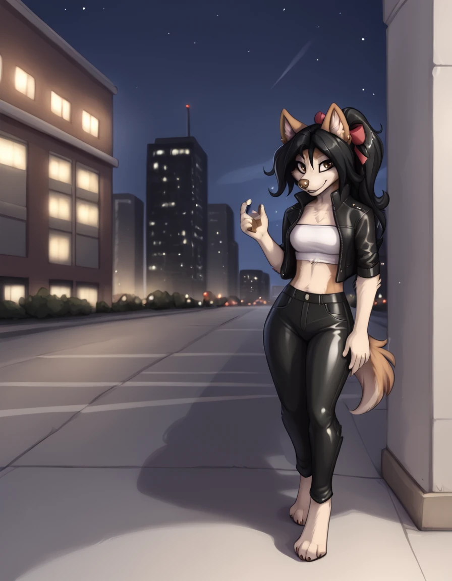 outdoors,city,night, night sky, 
full body,smile,long eyelashes,parted lips,
leather pants, tube top, leather jacket, pose
<lora:Pepper_v05_PDXL:1>,P3pp3r,1girl,solo,furry female,dog girl,brown eyes,dog ears,earrings,animal nose,snout,long hair,black hair,ponytail,hair ribbon,dog tail,body fur,white fur,brown fur,two-tone fur,