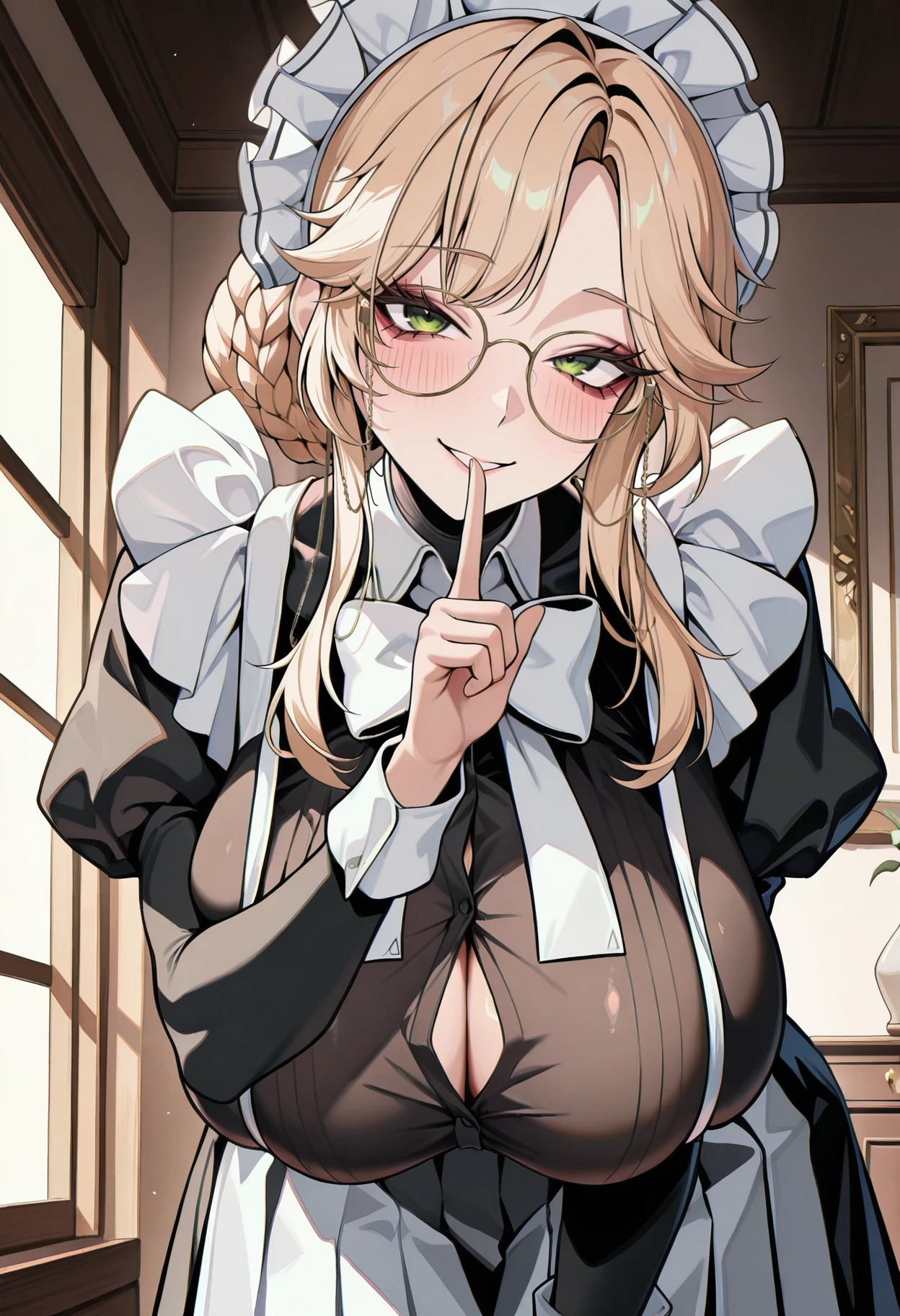 masterpiece, best quality, hires, absurdres, newest, 1girl, solo, <lora:cgel-style-richy-v1_ixl:1> 
 <lora:ade-nikke-richy-v1_ixl:1> ade, green eyes, glasses, eyewear strap, blonde hair, long hair, hair bun, braid, sidelocks, maid headdress, huge breasts, white bowtie, maid, white apron, black dress, puffy sleeves, juliet sleeves, long sleeves, looking at viewer, leaning forward, shushing, hanging breasts, impossible clothes, skindentation, blush, button gap, seductive smile,