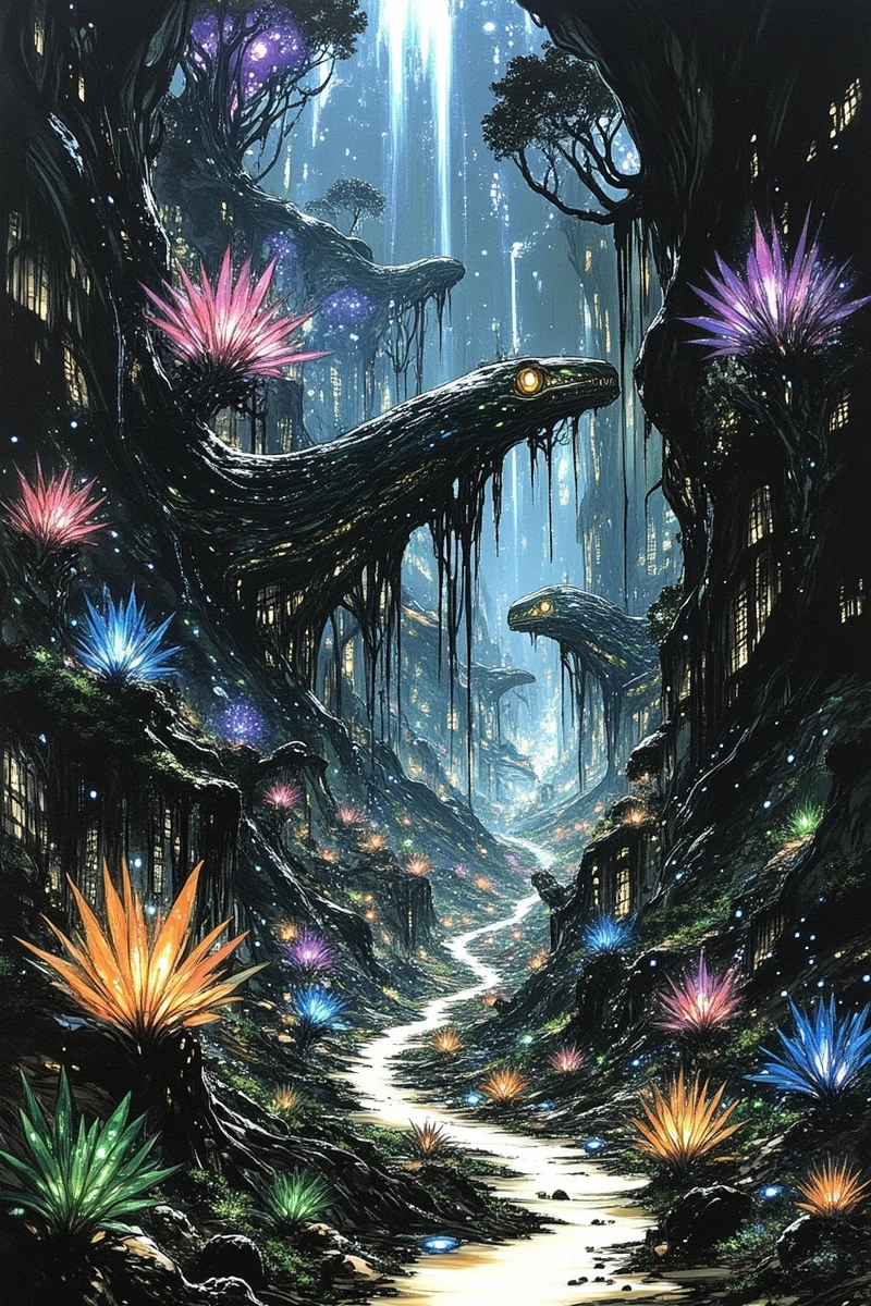 fg,A vibrant alien jungle filled with oversized, bioluminescent plants and strange creatures, where colorful lights flicker in the dense foliage. A winding path leads deeper into the jungle, hinting at hidden treasures and ancient ruins waiting to be discovered.