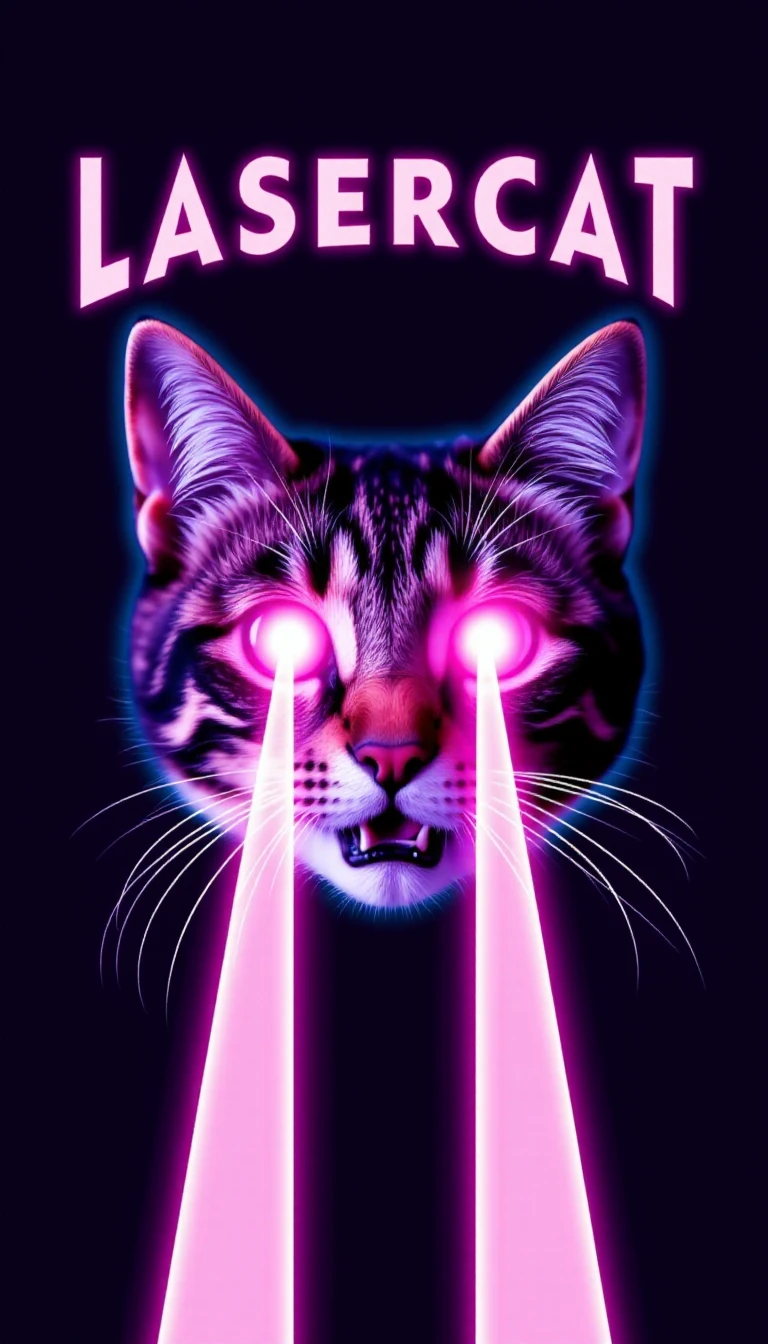 LASERCAT,LASER CAT WITH PINK PARALLEL LASER BEAMS COMING FROM ITS EYES,<lora:LASERCAT_Flux_v1:1>,TEXT ON TOP THAT SAYS "LASERCAT",