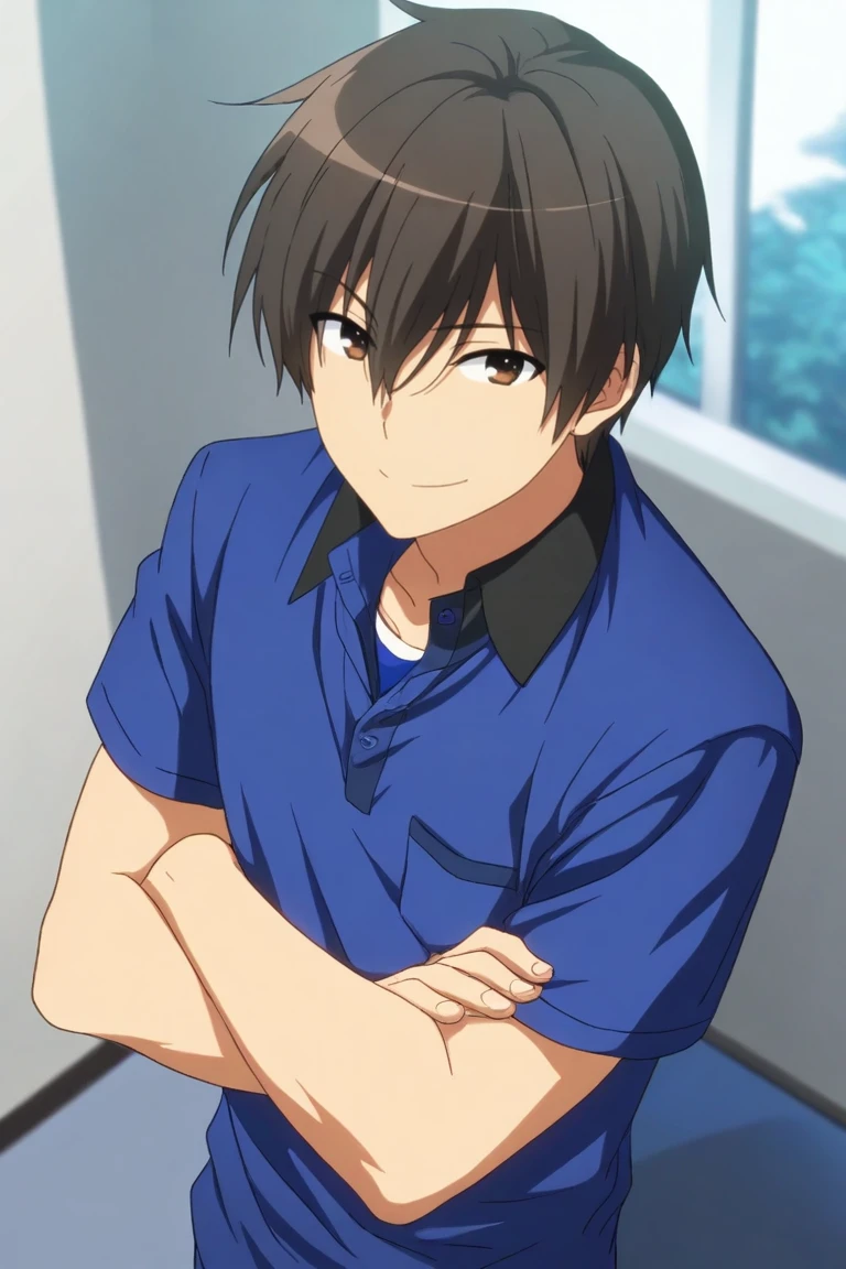 masterpiece, best quality, amazing quality, very aesthetic, high resolution, ultra-detailed, absurdres, newest, scenery, volumetric lighting, depth of field, 1boy, solo, male focus,<lora:seiya:0.84>, seiya kanie, dark brown hair, brown eyes, short hair,shirt,looking at viewer, smile, shirt, brown hair, hair between eyes, closed mouth, upper body, short sleeves, collared shirt,multicolored shirt, indoors,blue shirt,crossed arms,indoors,from above