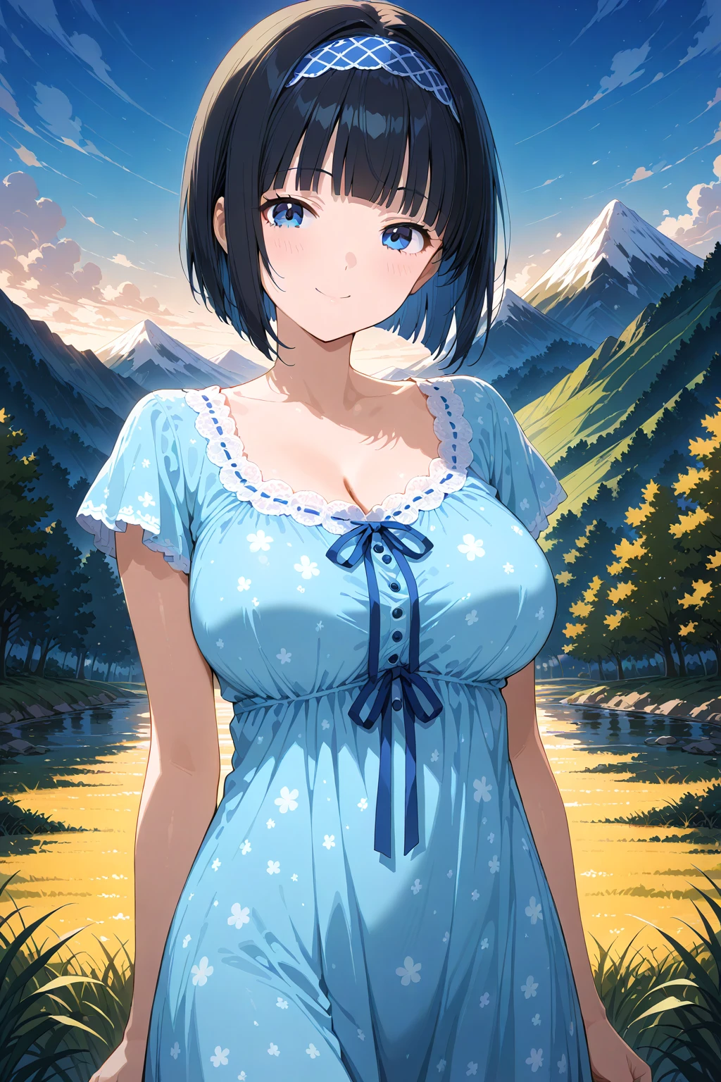 floral nightgown, <lora:Floral Nightgown Illustrious:0.6>, large breasts, smile, hairband, black hair, blunt bangs, blue eyes, bob cut, outdoors, nature, mountain