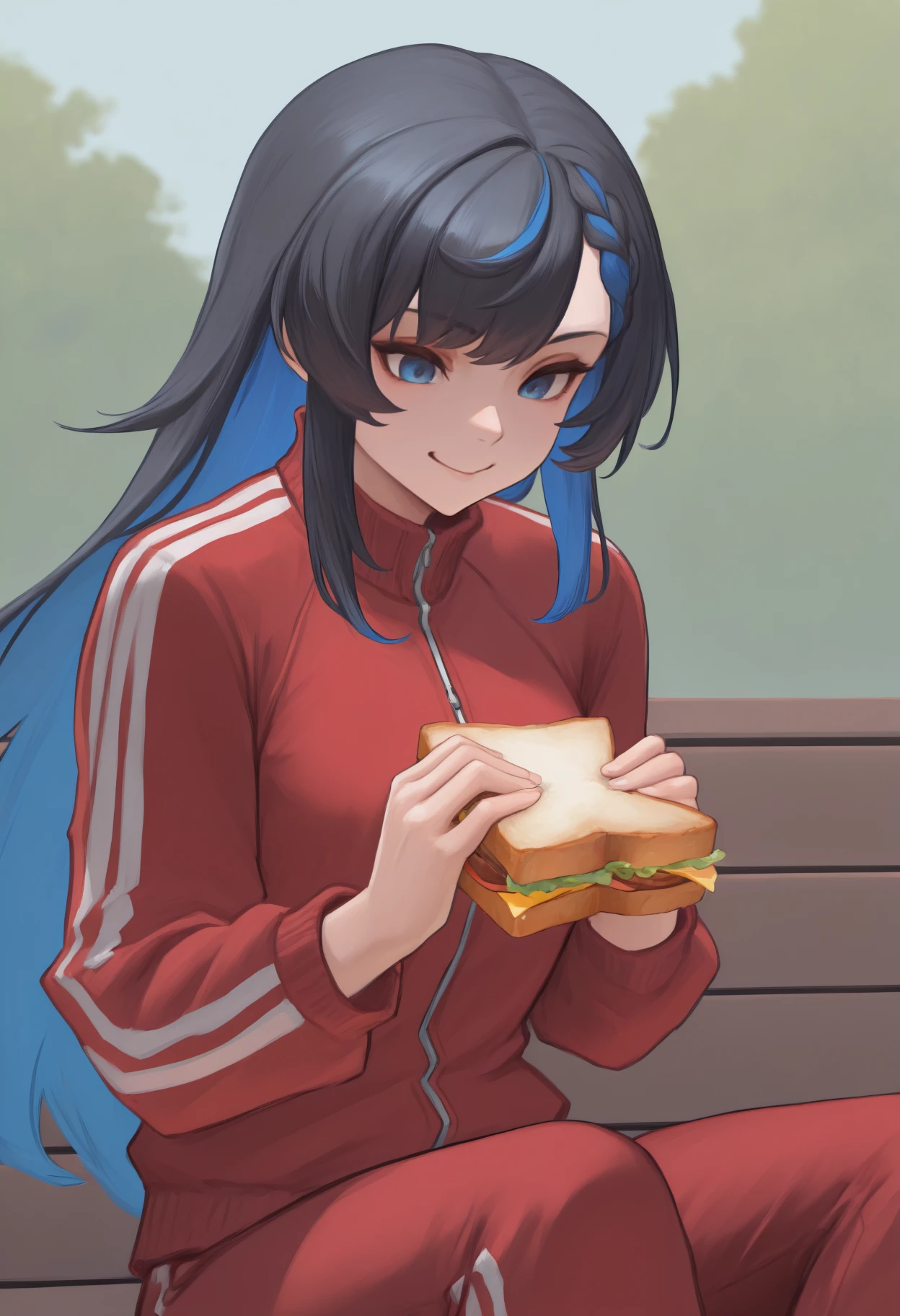 masterpiece, best quality, <break> solo, 1girl, civitai-chan, smile, looking at food, sitting, park bench, holding food, two-handed, sandwich, long hair, colored inner hair, black hair, blue hair, braided bangs, blue eyes, track suit, red jacket, track jacket, long sleeves, red pants, outdoors, day
<segment:yolo-Anzhc Face seg 640 v2 y8n.pt,0.4,0.5//cid=1>