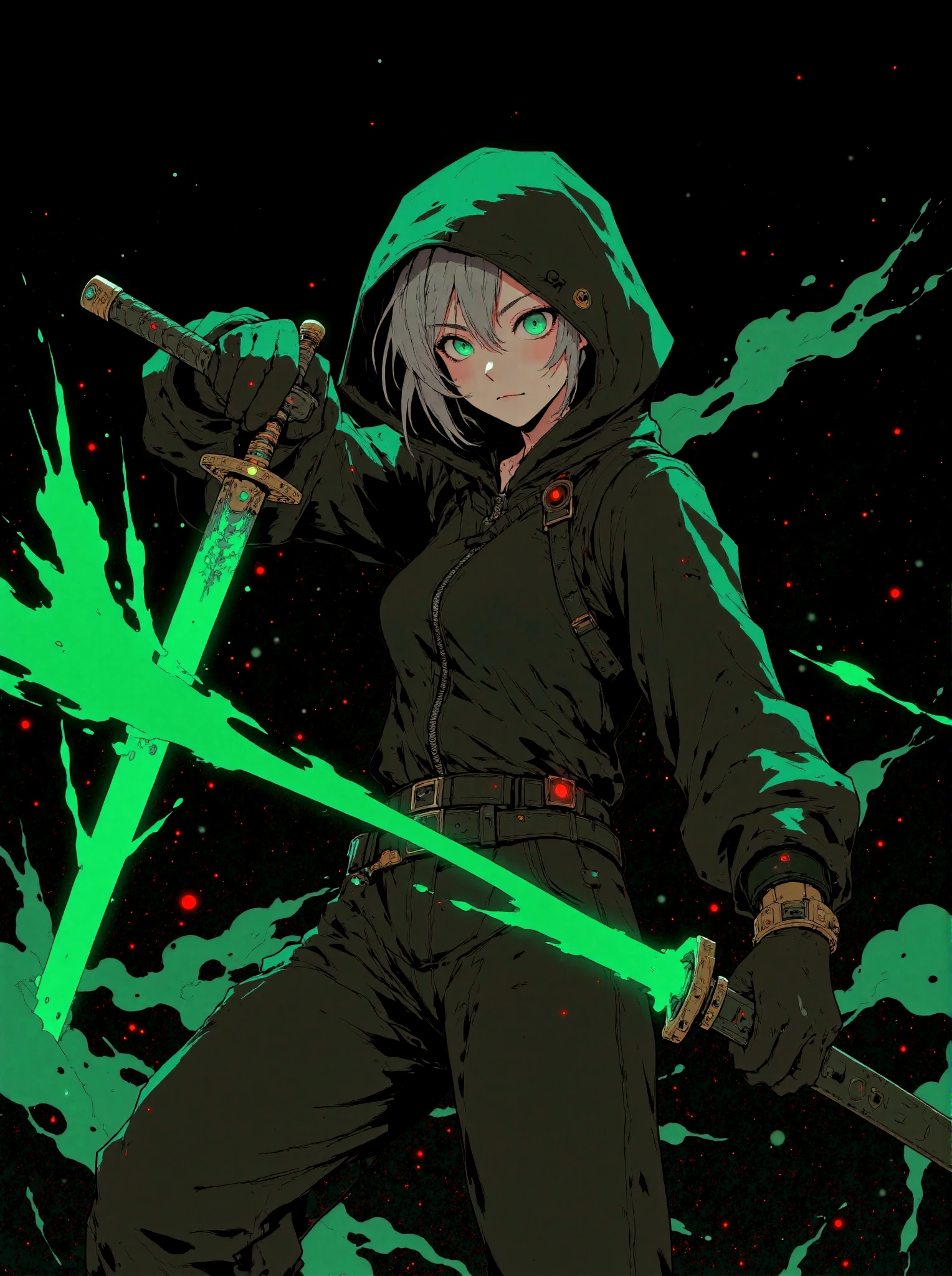 A dynamic and intense anime-style illustration featuring a determined character wielding a glowing green katana. The character has striking green eyes that emit a fierce and focused expression, contrasting against their dark hoodie and monochromatic attire. Abstract splashes of green and white energy swirl around, creating a sense of motion and raw power. The overall composition is dramatic, with sharp, angular lines and bold contrasts between the dark background and the vivid green and white accents. The style is inspired by high-energy action scenes in manga or anime, with an emphasis on minimalistic colors and a high-impact, modern aesthetic. The atmosphere is dark, electrifying, and filled with a sense of impending action.
 <lora:Let_It_Blaze_in_Crimson:1>