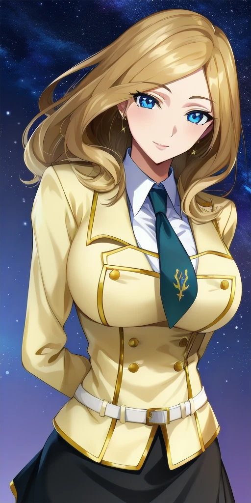 <lora:MillyV4:0.7> milly_ashford, huge_breasts, standing, solo, arms_behind_back, starry_sky, yellow_jacket_white_collared_shirt_green_necktie_green_skirt_belt, masterpiece, best_quality, detailed_face, detailed_eyes, highres, beautiful, detailed, absurdres,