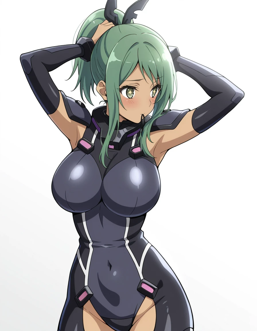 masterpiece, absurdres,  <lora:hundred_-_liddy_steinberg_il:1> 1girl, solo, hundred_-_liddy_steinberg, green_hair, ponytail, green_eyes, dark-skinned_female, sidelocks, large_breasts, bodysuit, raldest, arms_up, breasts covered_navel cowboy_shot from_side, hair_tie_in_mouth, light_blush, long_hair, looking_to_the_side, mouth_hold, sideways_glance, simple_background, standing star-shaped_pupils, star_(symbol), symbol-shaped_pupils, tying_hair, white_background, backlighting, shadow