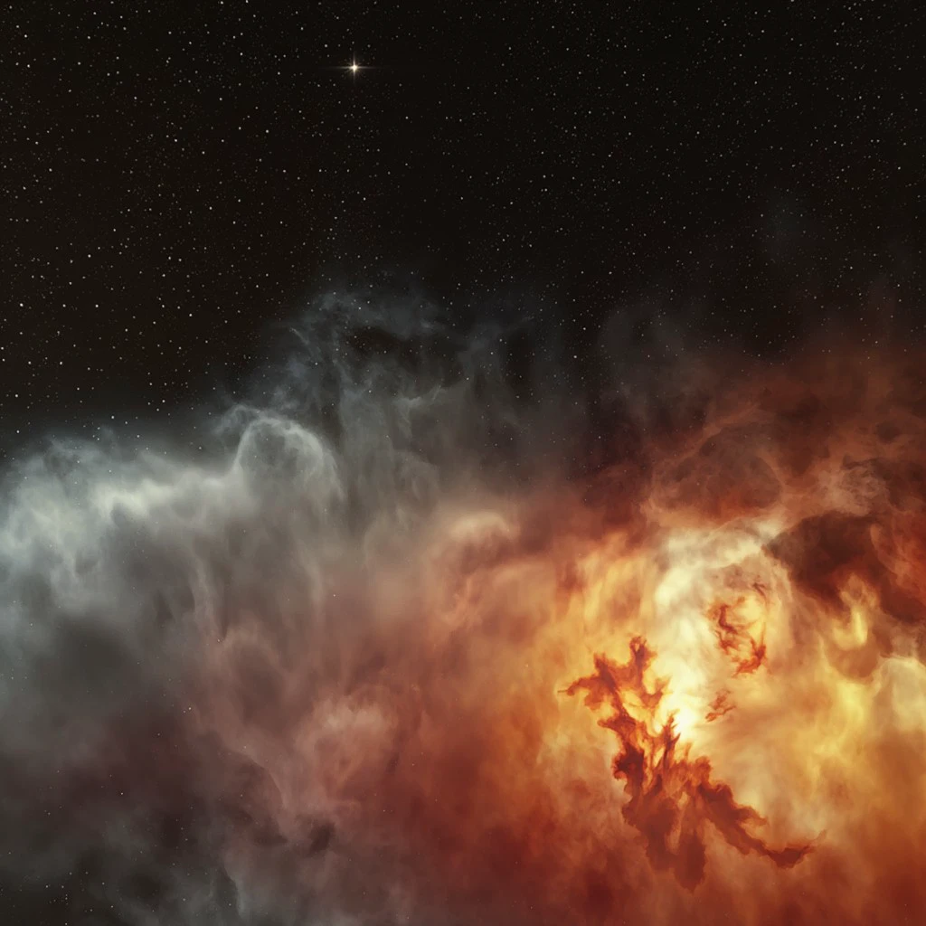 The photograph captures a stunning vista of an expansive night sky filled with countless stars. At one end, a vibrant nebula takes center stage, featuring captivating hues of red, yellow, and gray that blend together seamlessly. A delicate, natural glow illuminates the entire scene, enhancing its ethereal beauty. The nebula's structure resembles fluffy clouds, punctuated by radiant pockets of brightness that draw your eye. Its intricate tendrils appear to dance and swirl in a mesmerizing ballet, adding an element of dynamism to the composition. Against this backdrop of darkness, only a handful of distant stars twinkle faintly, deepening the celestial ambiance. The result is a captivating image that evokes a feeling of wonder and mystery, as if gazing into another realm entirely.