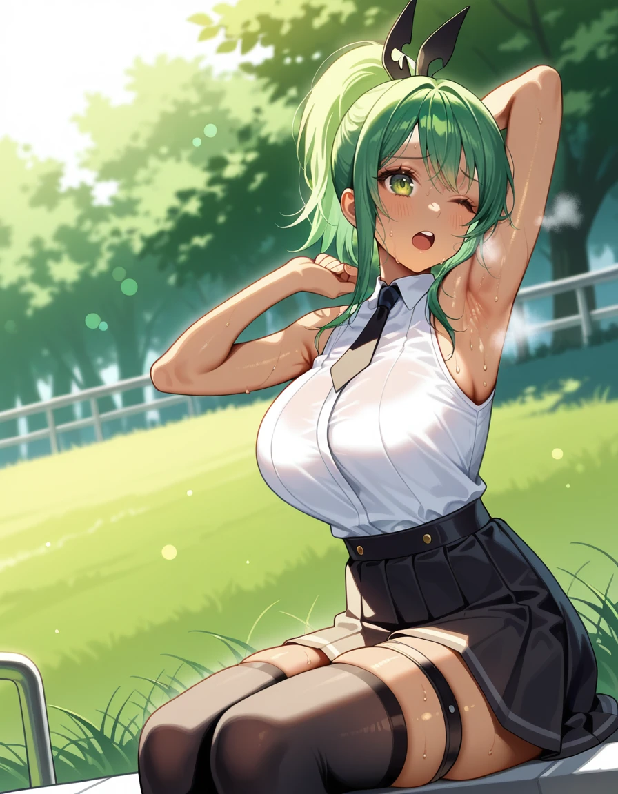 masterpiece, absurdres,  <lora:hundred_-_liddy_steinberg_il:1> 1girl, solo, hundred_-_liddy_steinberg, green_hair, ponytail, green_eyes, dark-skinned_female, sidelocks, large_breasts, white_shirt, sleeveless_shirt , black_necktie, skirt, black_thighhighs, thigh_strap, ruhee, sleeveless, arm_behind_head, arm_up, armpits, day, depth_of_field, on_grass, one_eye_closed, open_mouth, outdoors, railing, sitting, solo, steaming_body, stretching, sweat, sweaty_armpits, teeth, upper_teeth_only, zipper, zipper_pull_tab, bokeh, backlighting, shadow