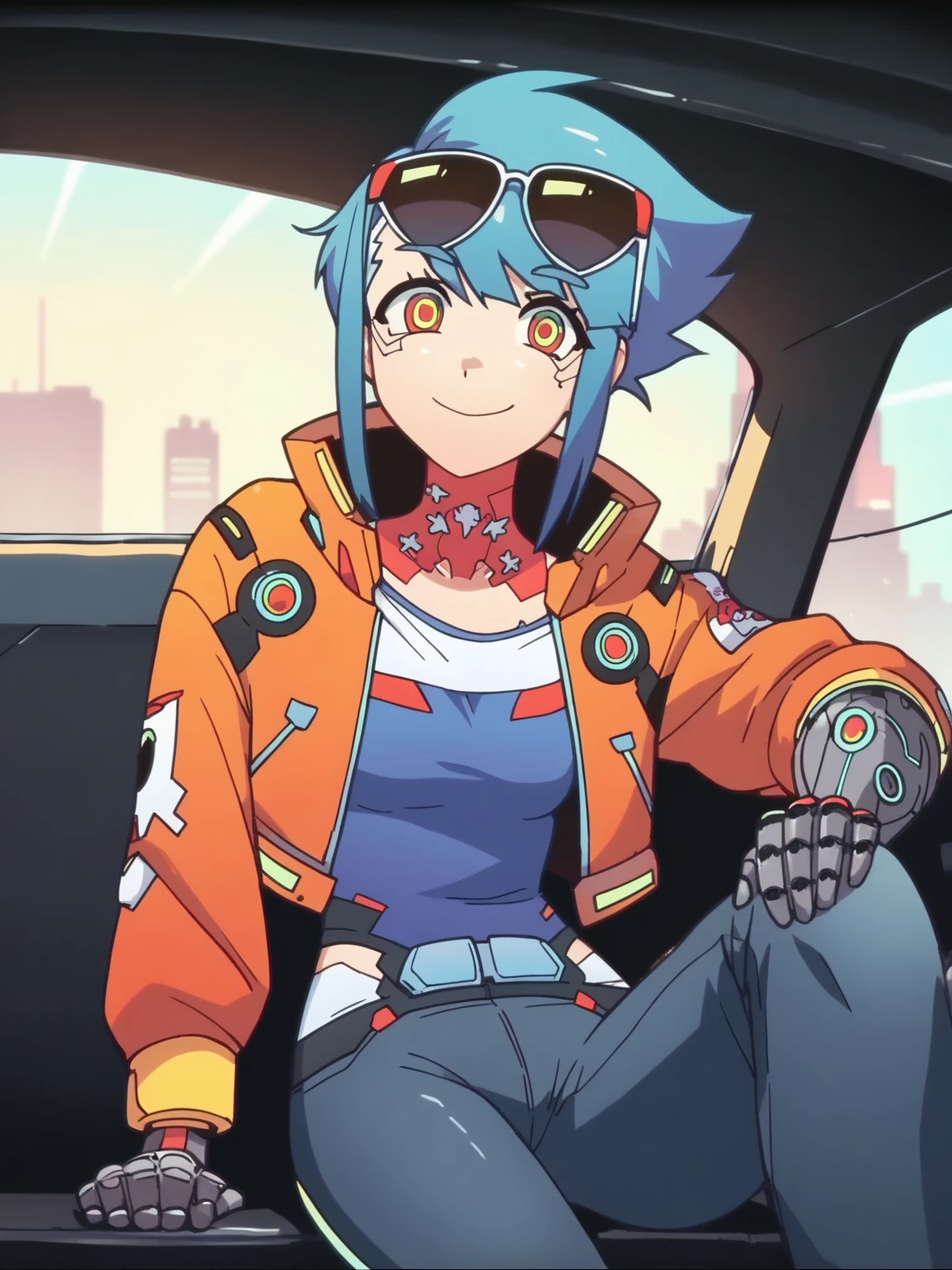 score_9, score_8_up, score_7_up, cute girl, sitting on car, cyberpunk clothes, blue hair, mechanical arms, sunglasses, pants, jacket, looking at viewer, cowboy shot, smile, cute, wide shot, solo, dutch angle, detailed background,
<lora:ADerpixon_style:0.88>, DerpixonXL, cartoon, anime screencap, anime coloring,