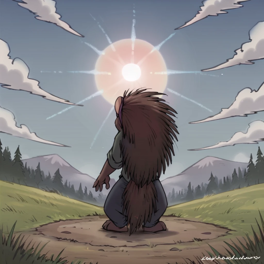 score_9, score_8_up, score_7_up, score_6_up, standing, solo, sky, sun, grass, day, full-length portrait, solo focus, digital drawing \(artwork\), rear view, looking away,   <lora:Holly the Porcupine (EWS)_PDXL:1> hollyews