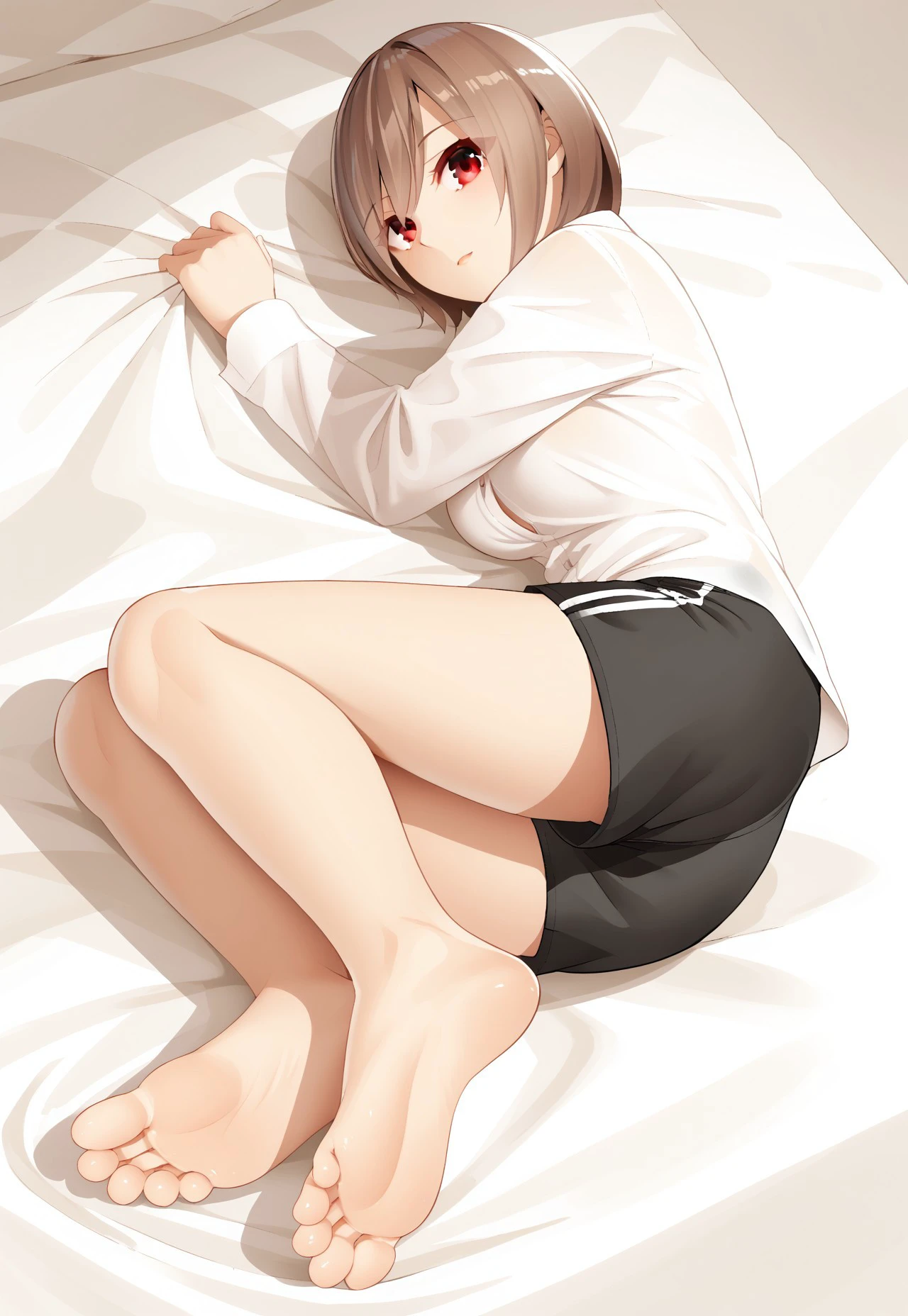 randomfeet, 1girl, brown hair, red eyes, white shirt, black shorts, on side, feet together, lying, toes, soles, bed sheet, shadow