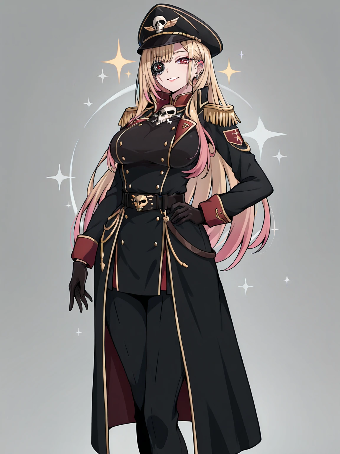 Masterpiece,best quality,1girl,long hair,solo,vector art,looking at viewer,parted lips,smile,full body,standing,
edgCommissar, long hair, looking at viewer, gloves, long sleeves, closed mouth, jacket, cowboy shot, belt, grey background, uniform, coat, black jacket, hand on hip, sparkle, black headwear, scar, epaulettes, black coat ,wearing edgCommissar,artificial eye,skull emblem,millitary uniform,
 <lora:edgIllustriousXLCommissar:1>
 <lora:Hoseki_MyDressUpDarling_MarinKitagawa_IllustriousXL_v1:1> ktgw, long hair, swept bangs, multicolored hair, colored tips, blonde hair, pink eyes, large breasts, ear piercing