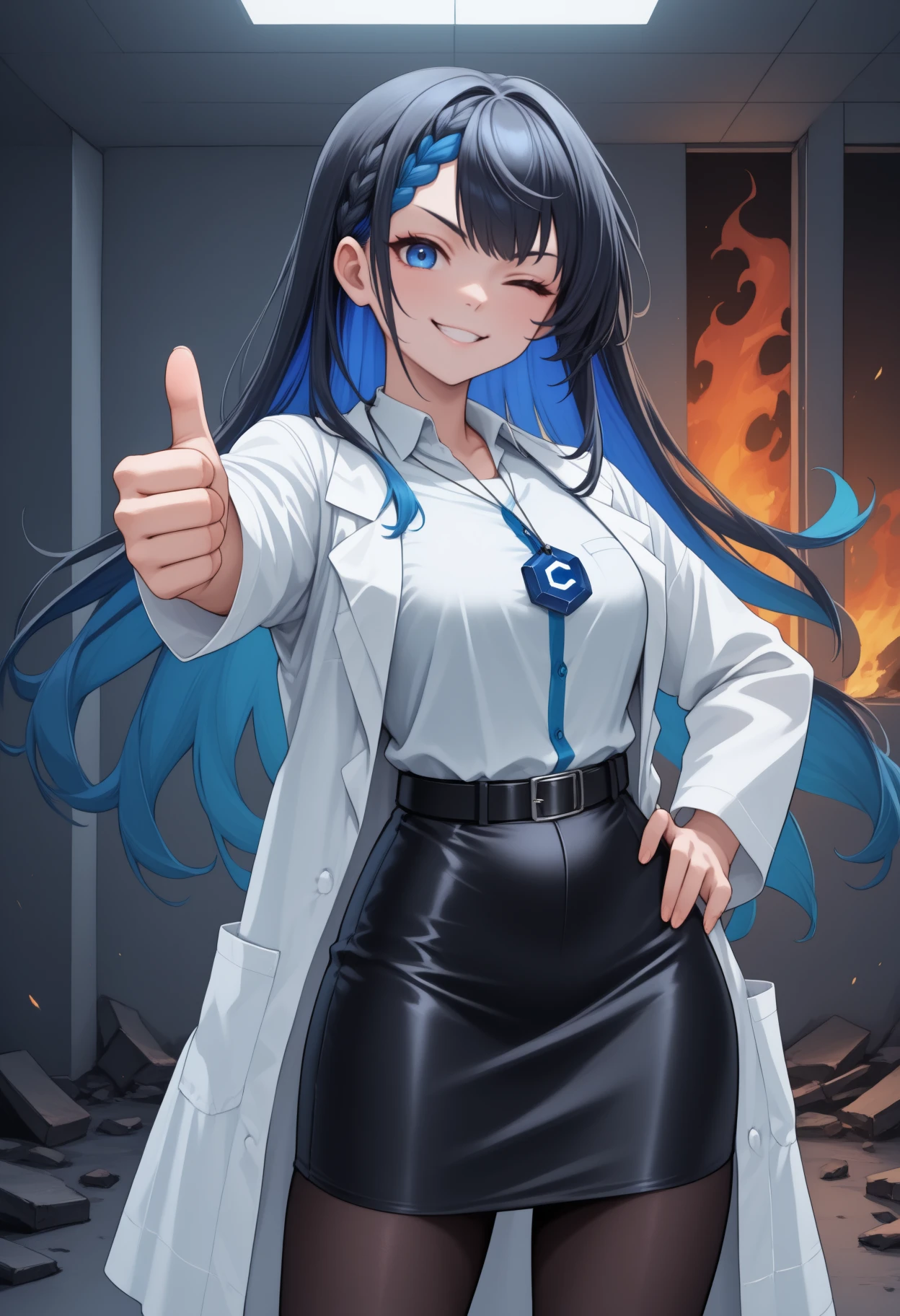 masterpiece, best quality, <break> cowboy shot, solo, 1girl, civitai-chan, grin, looking at viewer, standing, hand on own hip, outstretched arm, thumbs up, long hair, colored inner hair, black hair, blue hair, braided bangs, blue eyes, one eye closed, white coat, lab coat, open coat, long sleeves, white shirt, collared shirt, shirt tucked in, black skirt, pencil skirt, black belt, black pantyhose, necklace, indoors, burning building, fire, debris
<segment:yolo-Anzhc Face seg 640 v2 y8n.pt,0.4,0.5//cid=1>