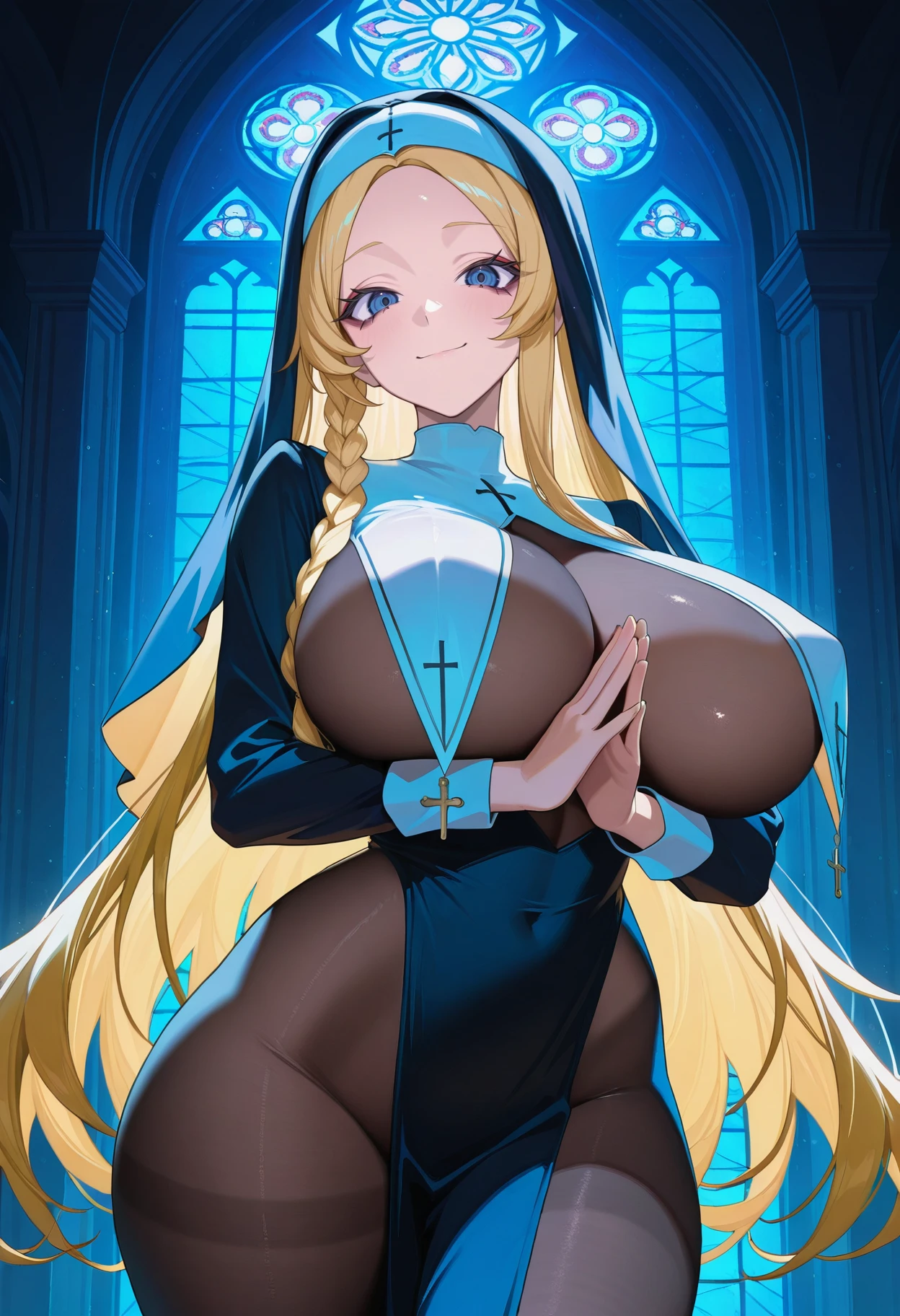 masterpiece, best quality, hires, absurdres, newest, 1girl, solo, <lora:cgel-style-richy-v1_ixl:1> blonde hair, dark blue eyes, nun, habit, veil, pelvic curtain, breast curtains, huge breasts, perky breasts, closed mouth, smile, looking at viewer, indoors, stained glass, light particles, sunbeam, blue theme, own hands together, palms together, breasts squeezed together, wide hips, bodystocking, dark, darkness, night, moonlight, shade, window shade, caustics, very long hair, colored inner hair, forehead, backlighting, braided sidelocks, no panties, no bra