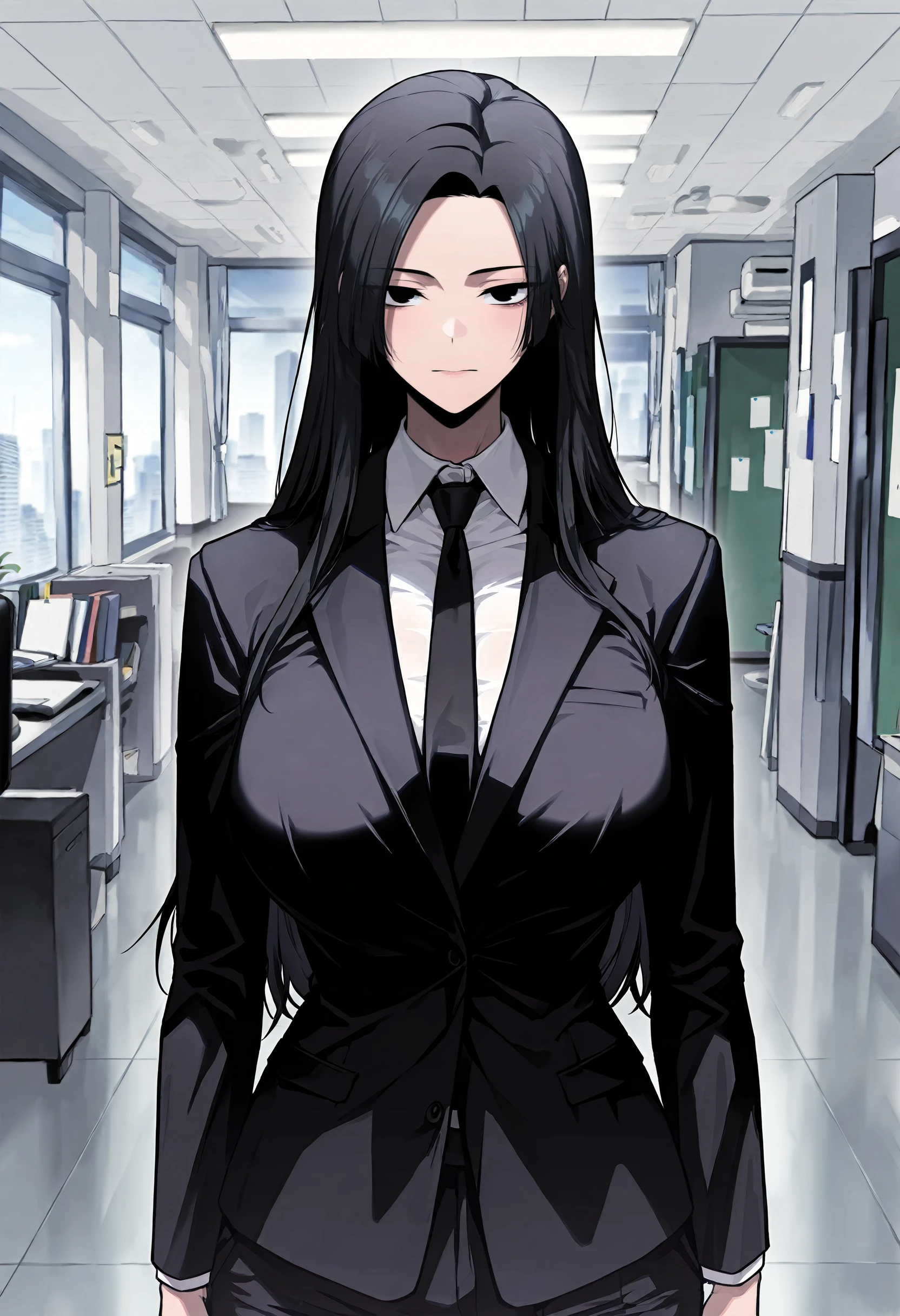 masterpiece, best quality, amazing quality, very aesthetic, absurdres, newest, scenery, 1girl, solo, huge breasts, <lora:Xuehua illustxl:1.0> black hair, black eyes, long hair, parted bangs, black jacket, black necktie, long sleeves, white shirt, collared shirt, black pants, upper body, standing, office room, inside, looking at viewer, shiny skin, masterpiece, best quality, amazing quality, very aesthetic, absurdres, newest, scenery