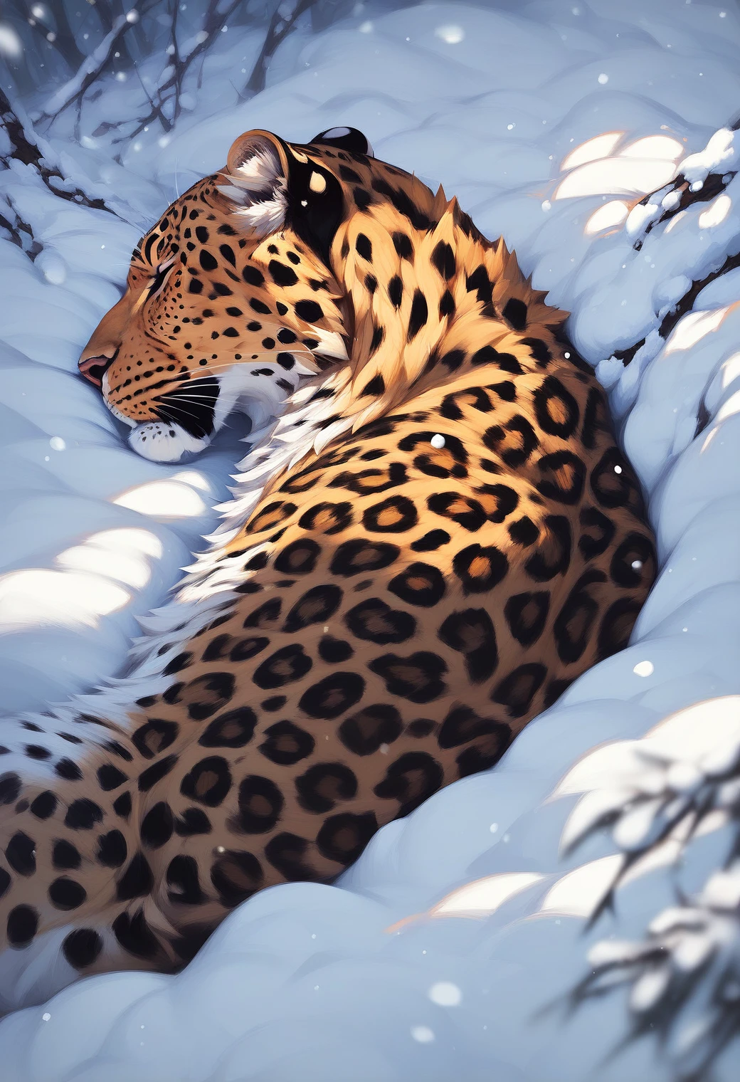 (score_9, score_8_up, score_7_up:1.4), feral, quadruped, solo, (leopard:1.2), relaxing, closed eyes, sleeping, profile, on back, on snow, snowing, winter, forest, dappled sunlight, bokeh, silver eyes, depth of field, best quality, best aesthetic, masterpiece, amazing quality, absurdres, amurleopard, <lora:amurleopard_pony_18-000011:1.1>