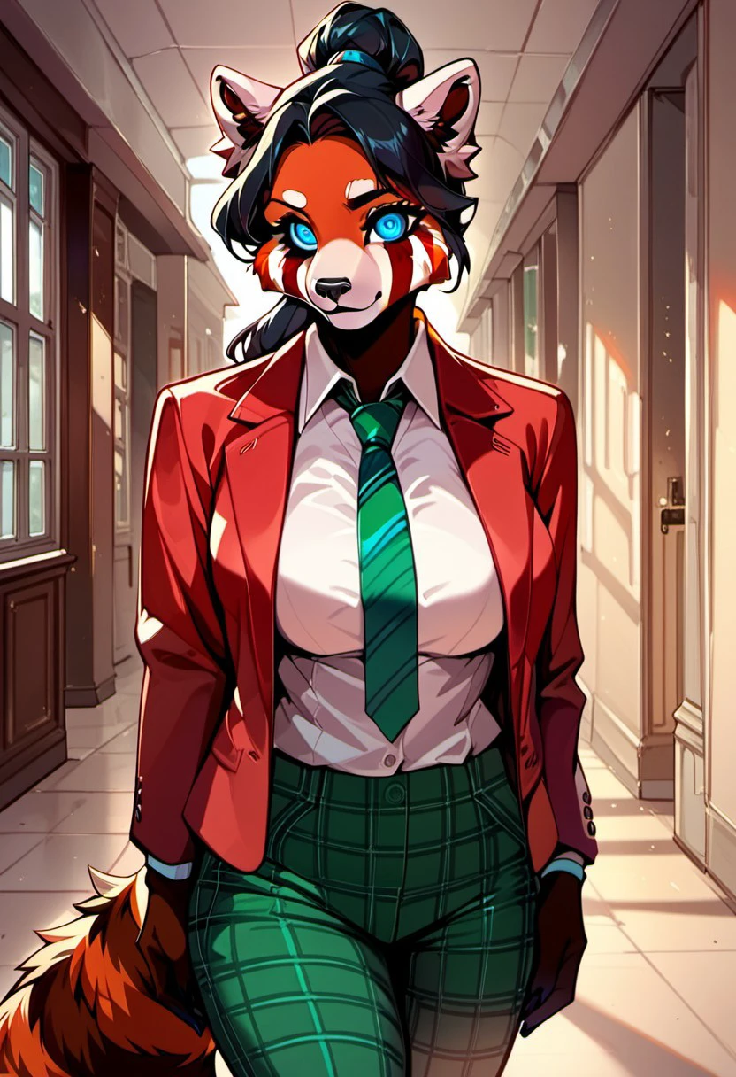 score_9, score_8_up, score_7_up, (female anthro red panda) blue eyes, bright eyes, black hair, medium updo ponytail, large breasts, fur, tuft, tail, red blazer, green necktie, green pants, plaid pants, hallway