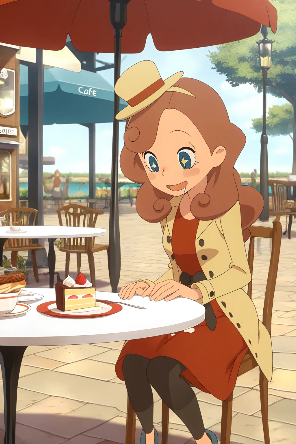 masterpiece, best quality, amazing quality, katriellelayton, 1girl, solo, uncensored, sitting, drooling, sparkling eyes, open mouth, smile, upper body, looking down, black ribbon, brown hair, blue eyes, small brown hat, brown coat, red dress, black leggings, blue shoes, outdoors, cafe, parasol, table, chair, cake slice